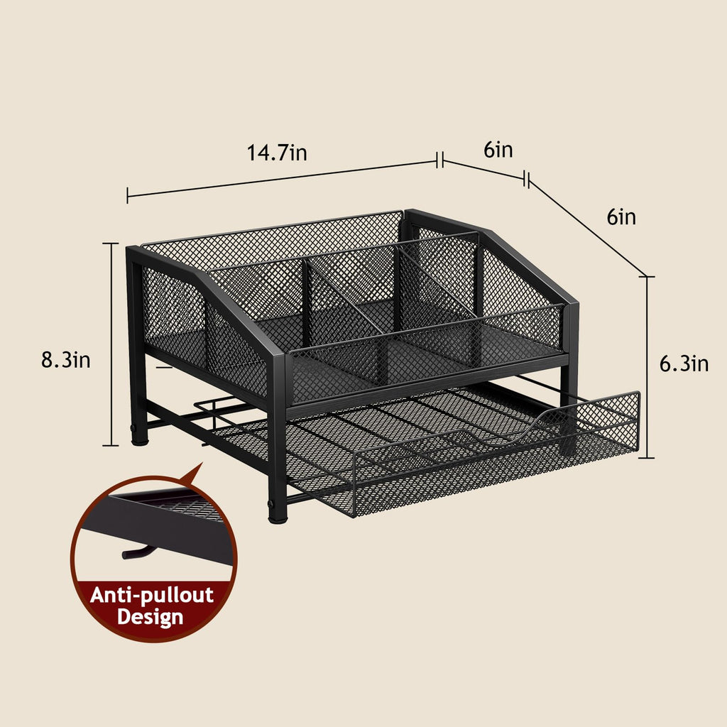 Homsorout Coffee Bar Organizer - Coffee Station for Countertop, Metal and Wood K Cup holder Storage Basket for Coffee Pods, Syrup, Cups, Stirrer, Coffee Condiment, Tea Organizer, Black and Brown