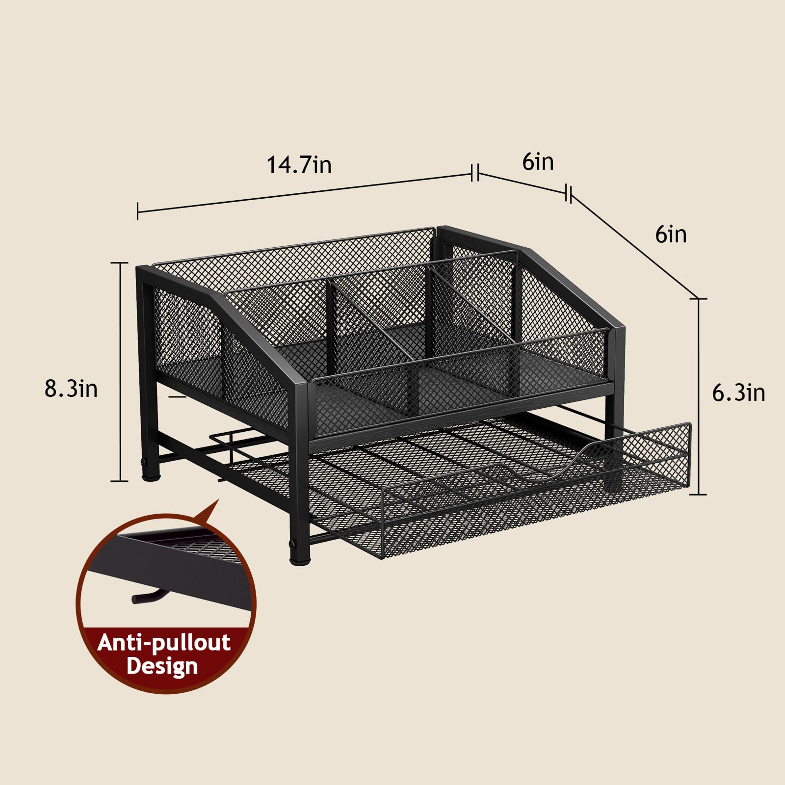 Homsorout Coffee Bar Organizer - Coffee Station for Countertop, Metal and Wood K Cup holder Storage Basket for Coffee Pods, Syrup, Cups, Stirrer, Coffee Condiment, Tea Organizer, Black and Brown
