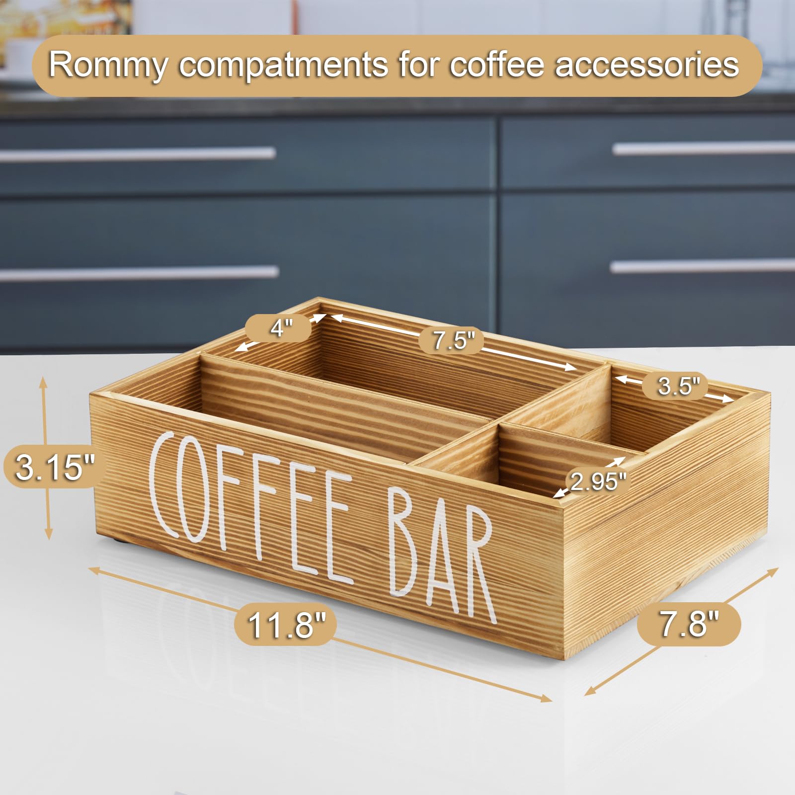 ALELION Coffee Station Organizer - Wood Countertop Accessories Organizer with Removable Dividers for Pods Condiment Syrup Tea Cups Stirrers - for Farmhouse Coffee Bar Decor