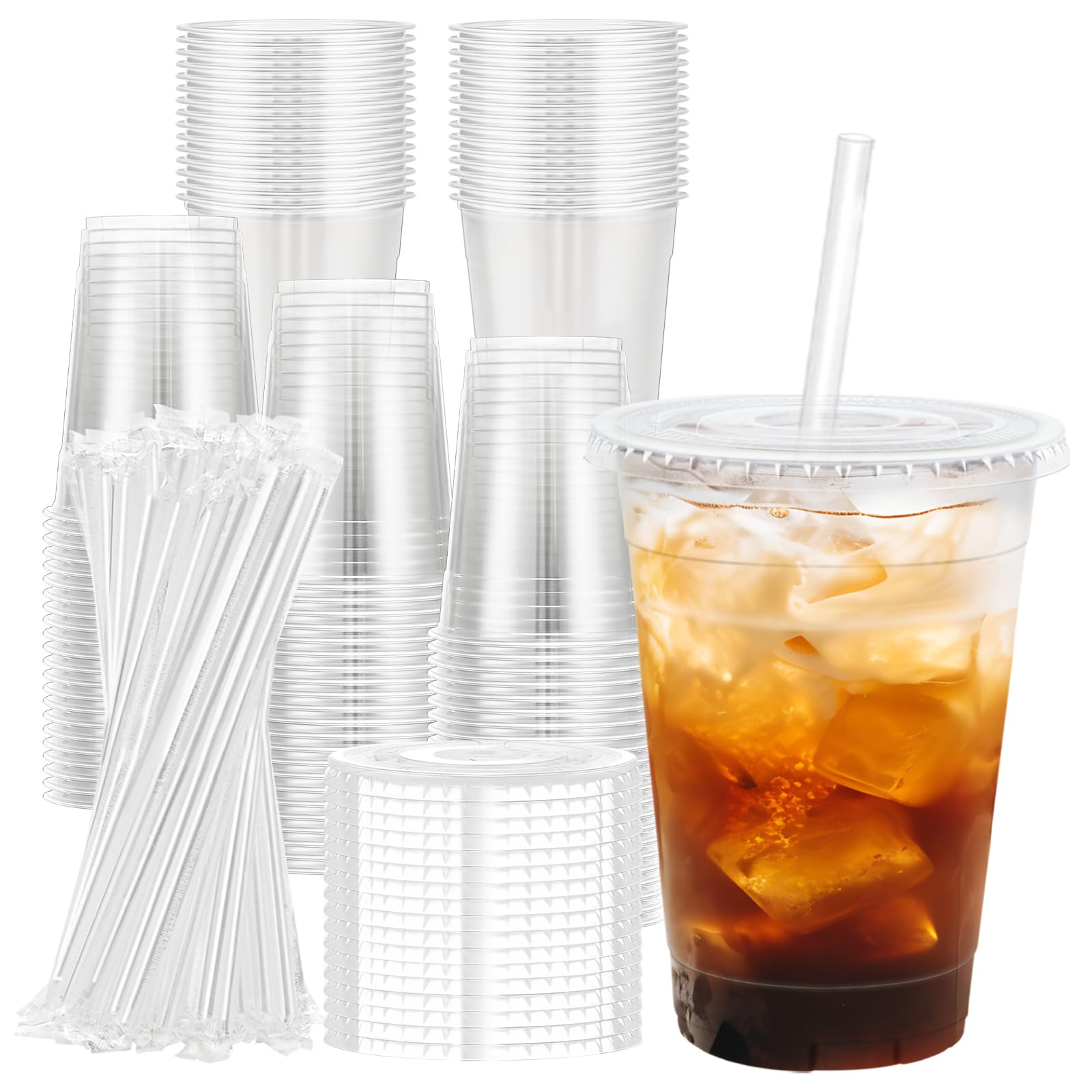 Lamosi 100 Pack 20 oz Clear Plastic Cups with Lids and Straws, Disposable Iced Coffee Cups with Lids for To-Go Cold Drinks, Smoothies and Slushie