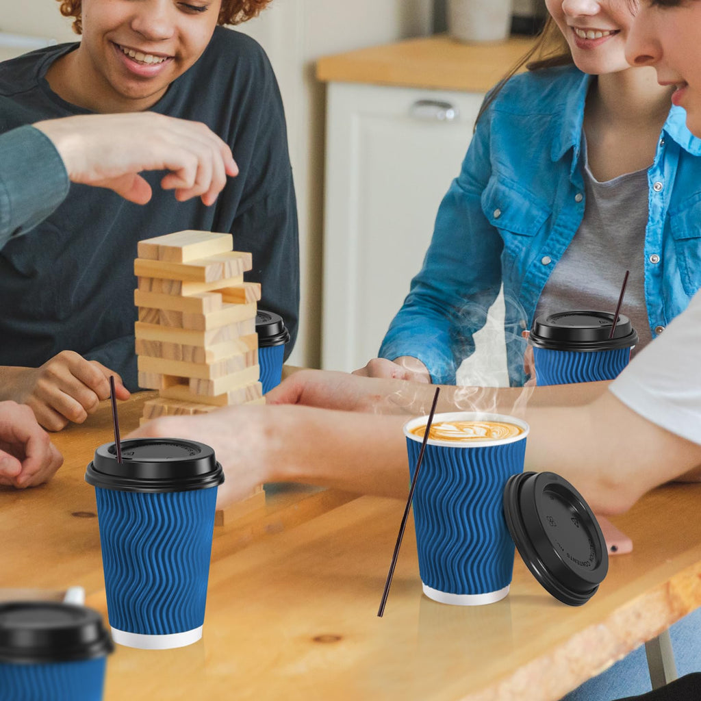SIUQ 12 oz Coffee Cups-90 Pack Disposable Coffee Cups with Lids and Straws, Insulated Ripple Wall To Go Paper Coffee Cup for Coffee, Hot Chocolate and Hot Tea Drinks - Champagne