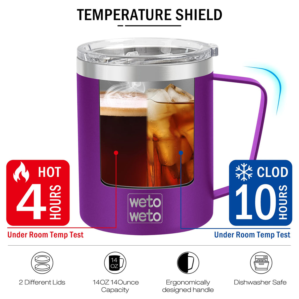 WETOWETO Coffee Mug with Handle, 14oz Insulated Stainless Steel Coffee Travel Mug, Double Wall Vacuum Reusable Coffee Cup with Lid, Powder Coated Rose Gold