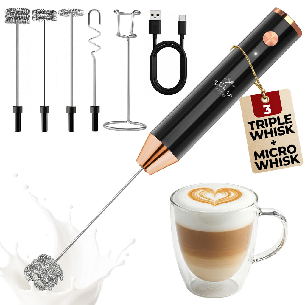Zulay Kitchen Rechargeable Milk Frother Handheld - Frother Wand, Drink Mixer, Electric Whisk Frother, for Cappuccinos, Matcha & Protein Powder - Lux 4 Whisk 2 Speed Waterproof 2000mAh Alpha Black