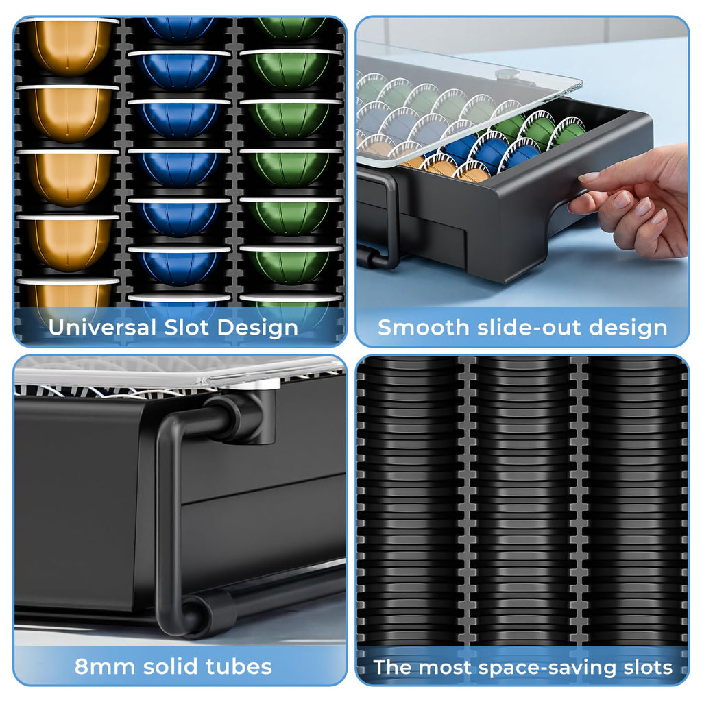EVERIE Nespresso Vertuo Pod Holder Drawer, Coffee Pod Organizer with Universal Slots, Holds 40 Large or 52 Small Capsules, Tempered Glass Top Storage Drawer for Coffee Makers, 12" x 16.5" x 3.5"