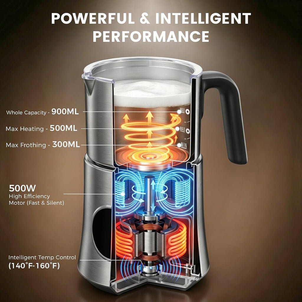 Milk Frother and Steamer, 4-in-1 Automatic Hot and Cold Foam Maker with 900ml Detachable Stainless Steel Jug, Electric Frother for Latte, Cappuccino, Macchiato, Hot Chocolate