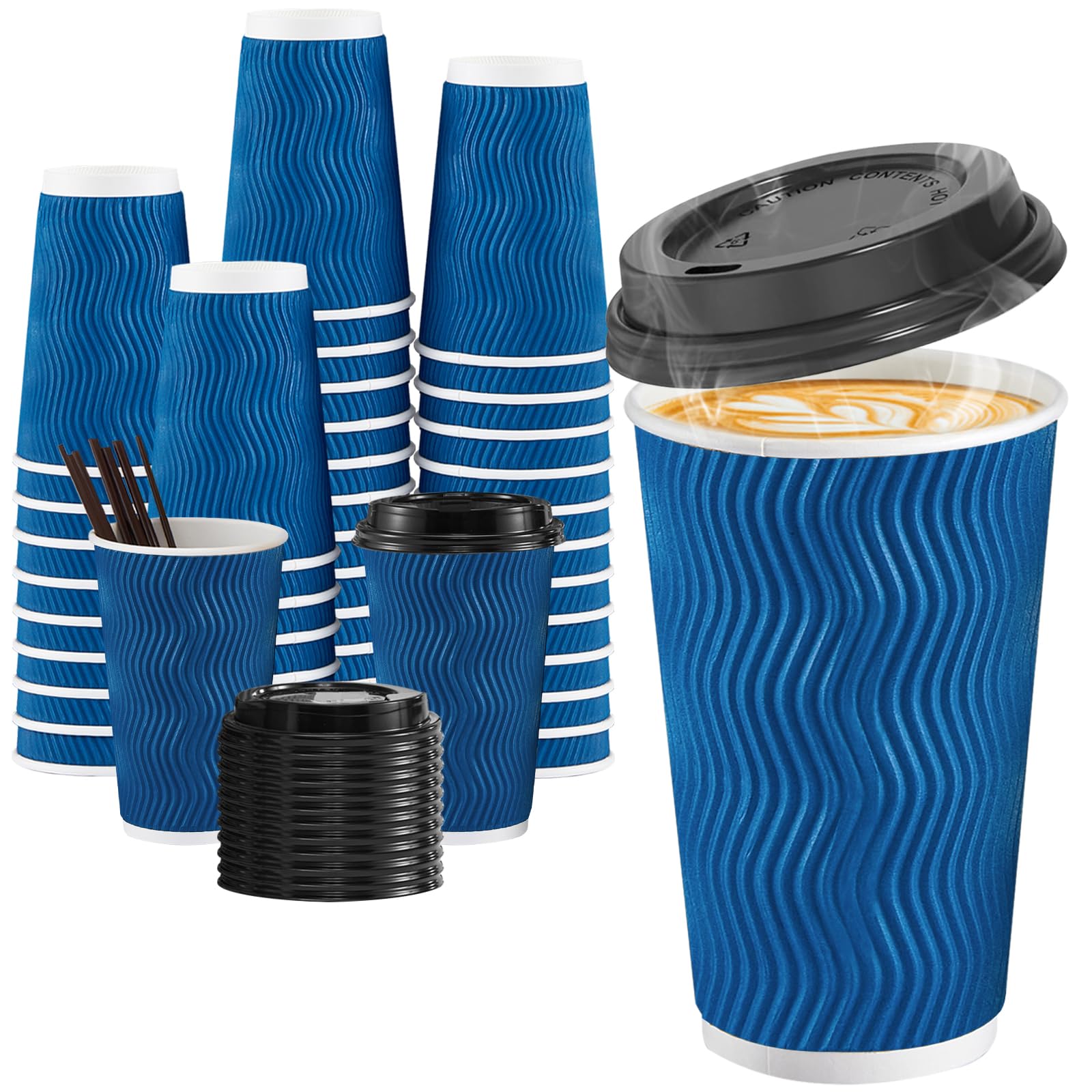 SIUQ 12 oz Coffee Cups-90 Pack Disposable Coffee Cups with Lids and Straws, Insulated Ripple Wall To Go Paper Coffee Cup for Coffee, Hot Chocolate and Hot Tea Drinks - Champagne
