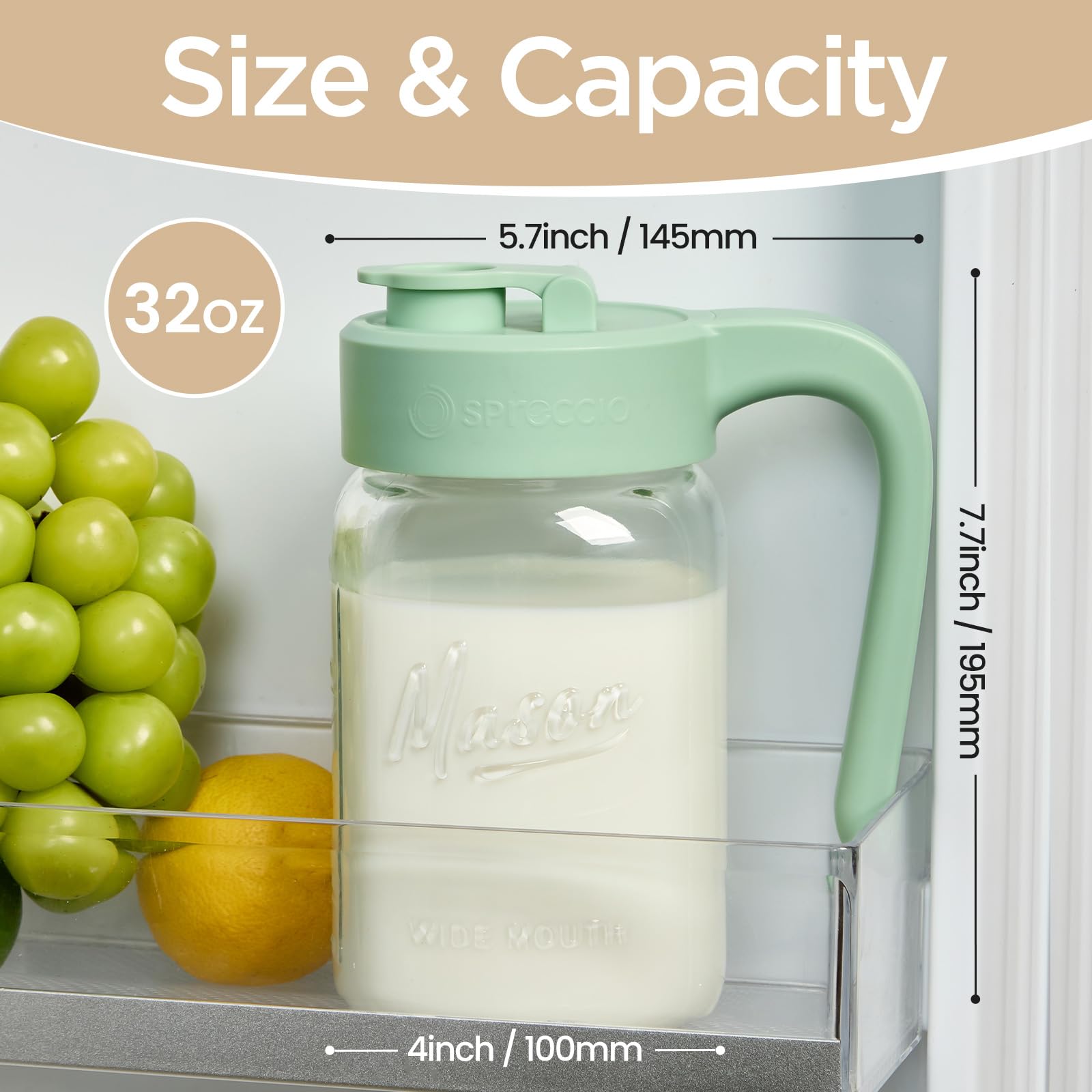 Mason Jar Pitcher - Airtight & Leakproof Glass Pitcher with Lid, Perfect for Breastmilk, Cold Brew, and Sun Tea, 2 Quart (64 oz) Mason Jar with Pour Spout Lid