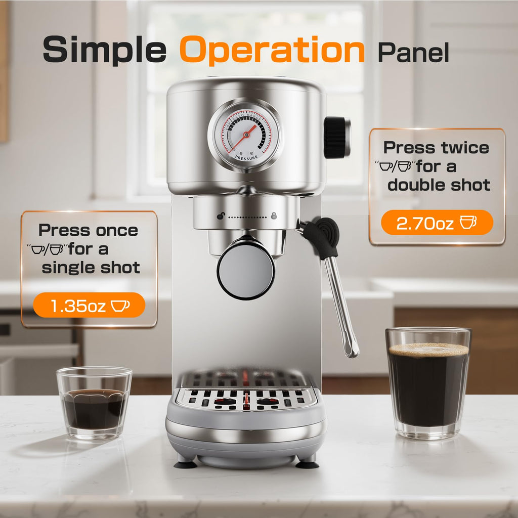 atatix Espresso Machine with Milk Frother, 20 Bar Pressure Espresso Maker, with 44OZ Removable Tank, Compact Stainless Steel Coffee Machine for Home, Office, Latte, Cappuccino, Macchiato, Silver