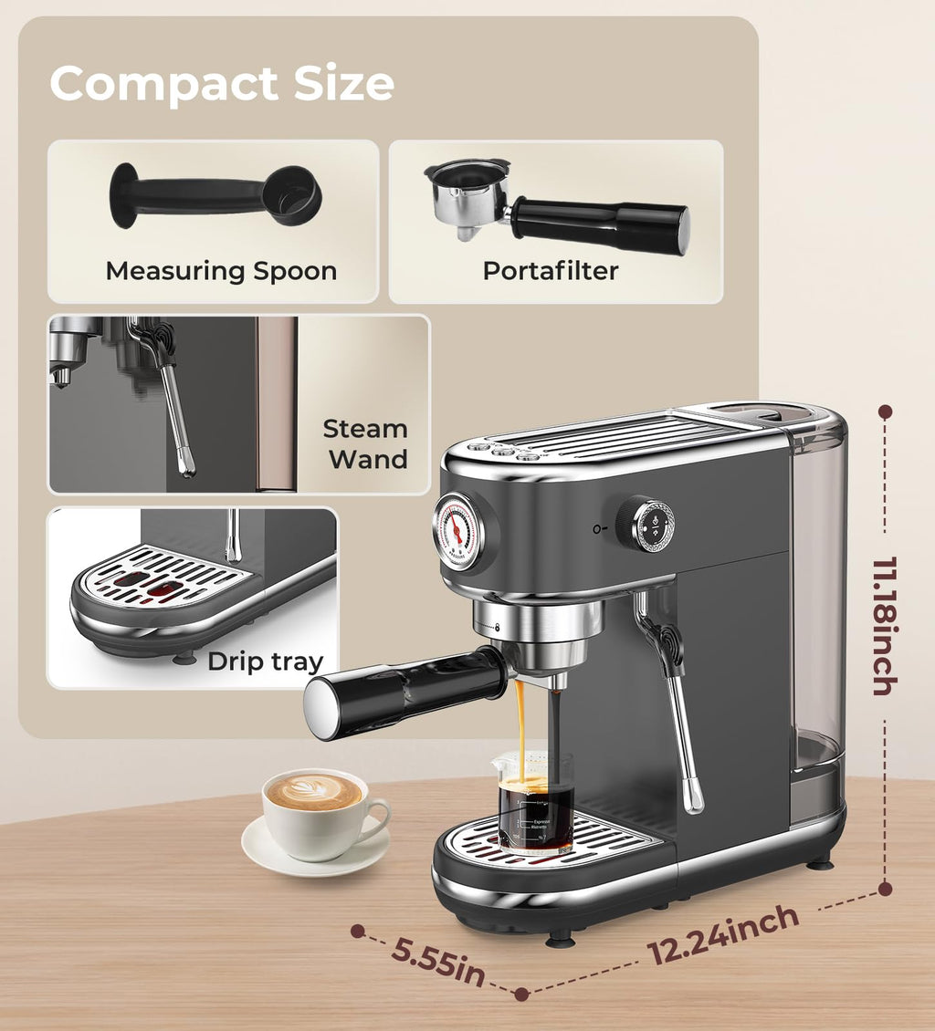atatix Espresso Machine with Milk Frother, 20 Bar Pressure Espresso Maker, with 44OZ Removable Tank, Compact Stainless Steel Coffee Machine for Home, Office, Latte, Cappuccino, Macchiato, Silver