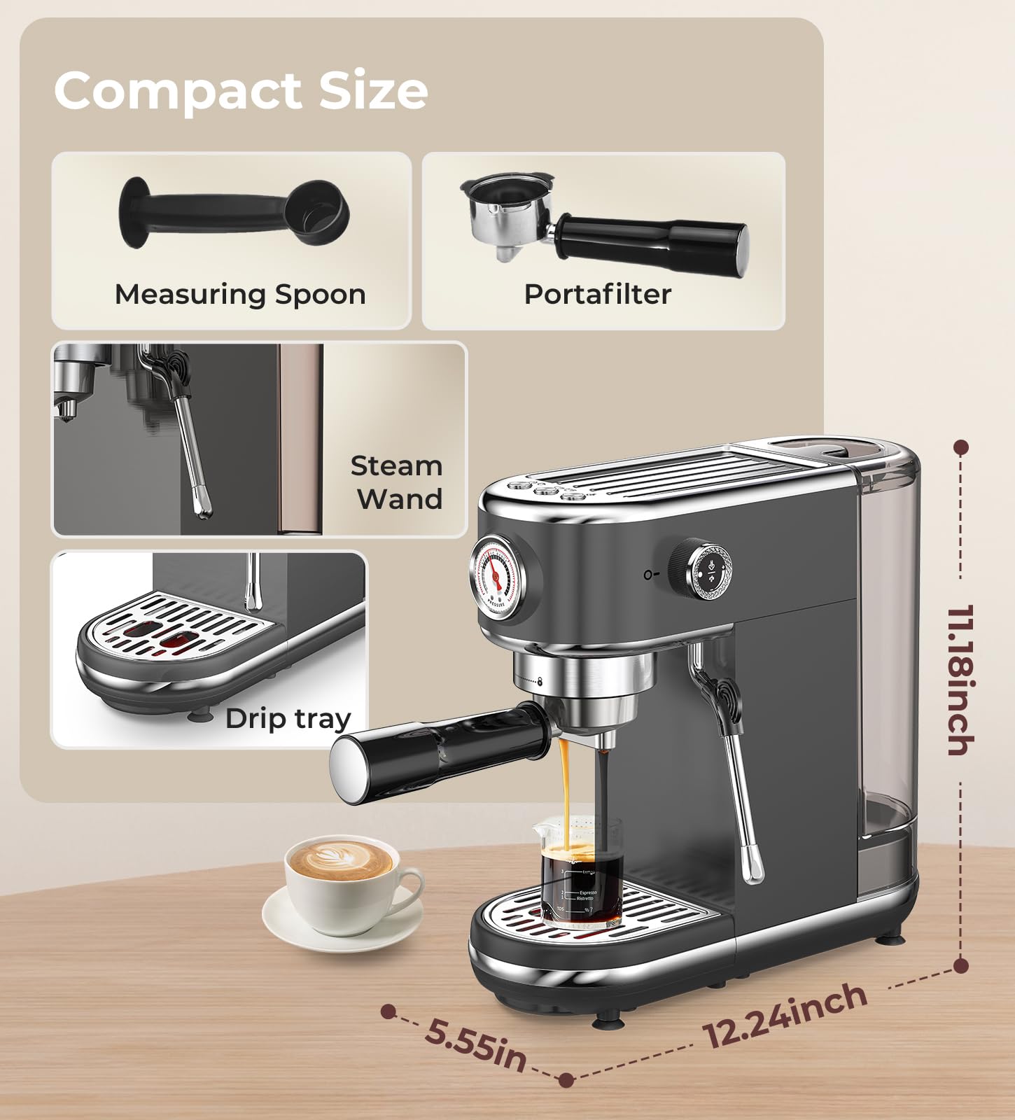 atatix Espresso Machine with Milk Frother, 20 Bar Pressure Espresso Maker, with 44OZ Removable Tank, Compact Stainless Steel Coffee Machine for Home, Office, Latte, Cappuccino, Macchiato, Silver