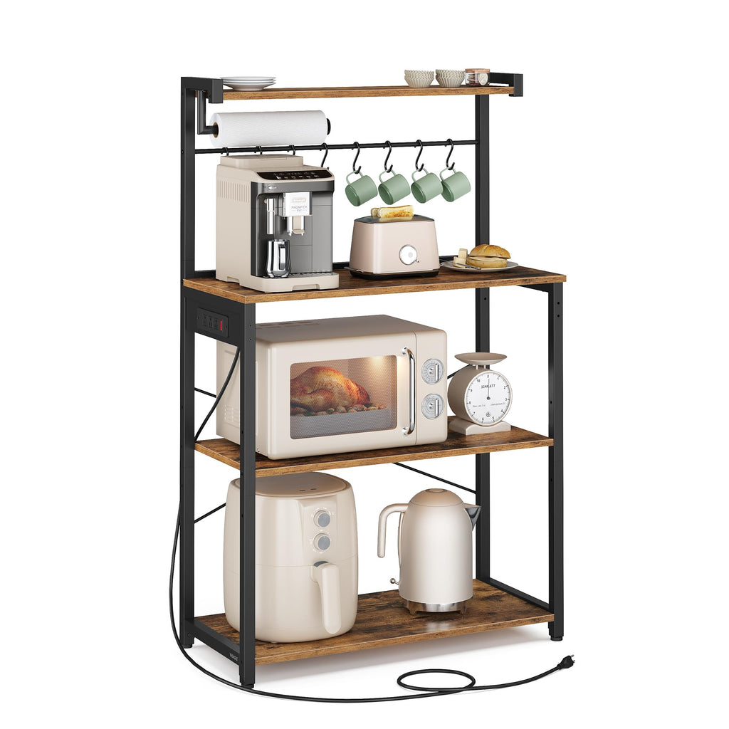 VASAGLE BARNET Collection - Kitchen Bakers Rack with Power Outlet, 31.5-Inch Wide Coffee Bar 4-Tier with 8 S Hooks, Modern Microwave Stand, Adjustable Shelf, Rustic Brown and Ink Black UKKS029KD01