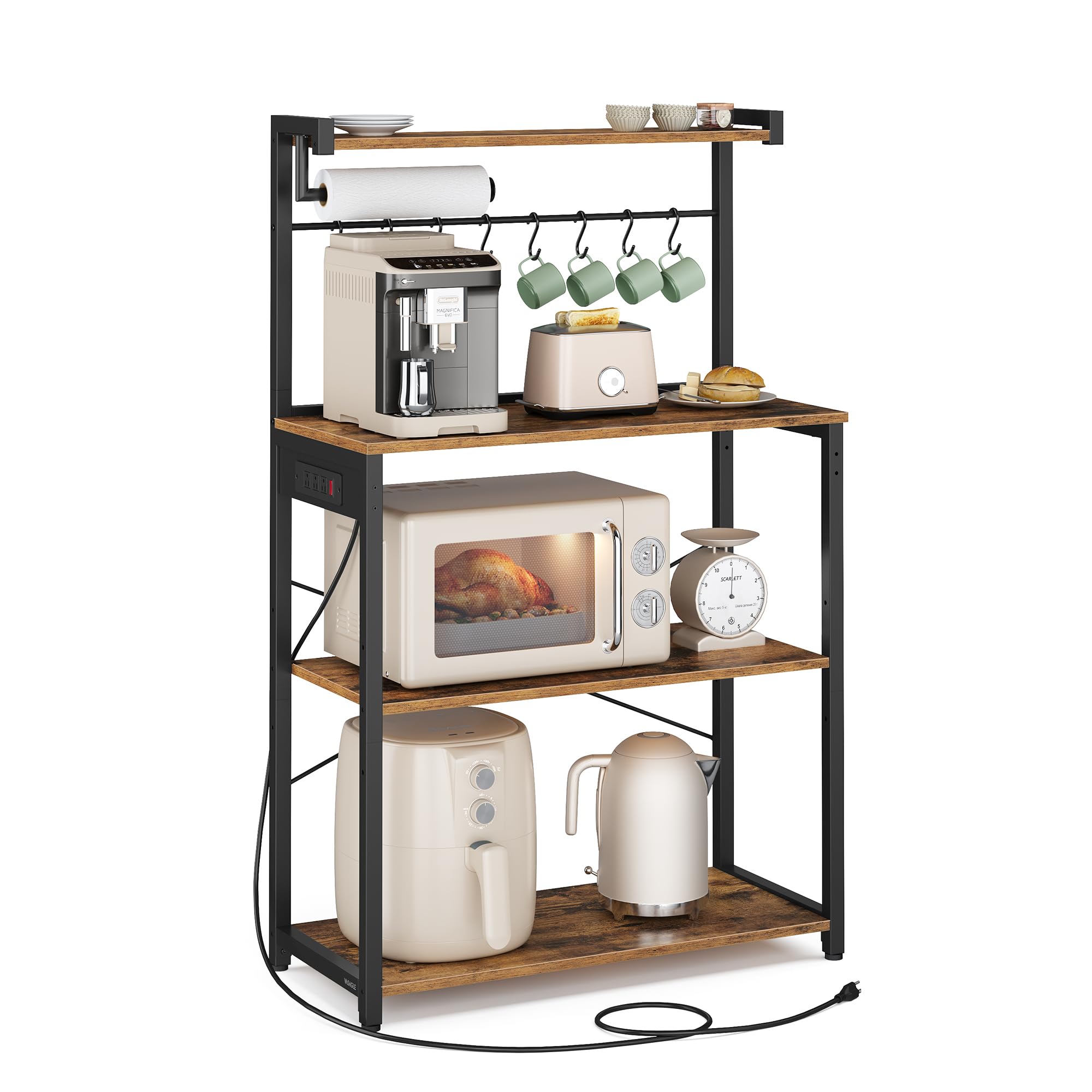 VASAGLE BARNET Collection - Kitchen Bakers Rack with Power Outlet, 31.5-Inch Wide Coffee Bar 4-Tier with 8 S Hooks, Modern Microwave Stand, Adjustable Shelf, Rustic Brown and Ink Black UKKS029KD01