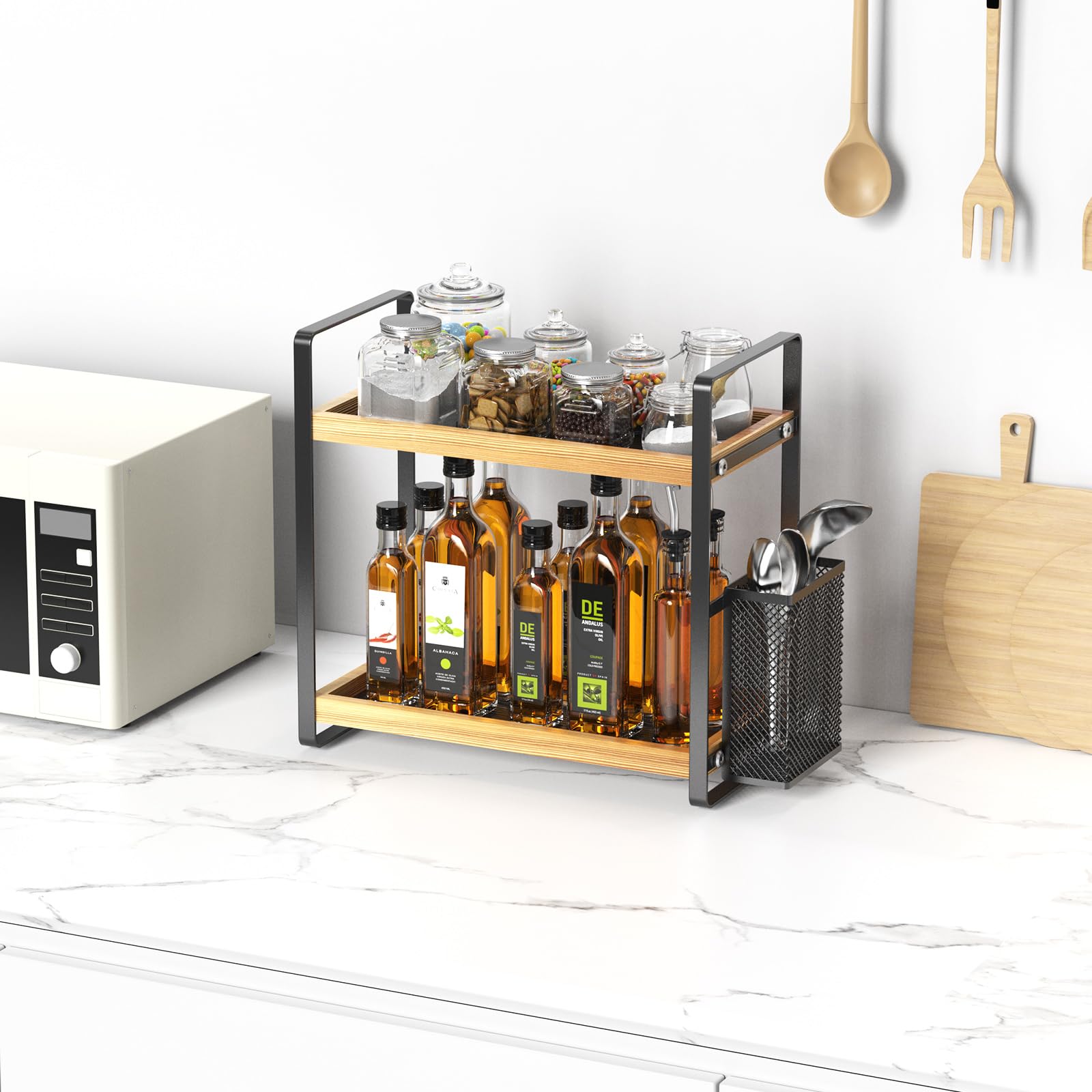 LEMIKKLE Coffee Station Organizer with Pod Holder and Drawer, Kitchen Countertop Organizer, Coffee Bar Accessories Station with Coffee Pod Storage, 2-Tier Wood Coffee Organizer With 6 Hooks