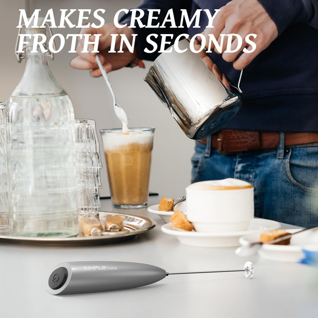 SIMPLETASTE Milk Frother Handheld Electric Foam Maker, Drink Mixer with Stainless Steel Whisk for Cappuccino, Bulletproof Coffee, Latte, Gray, with Stand, Battery Operated