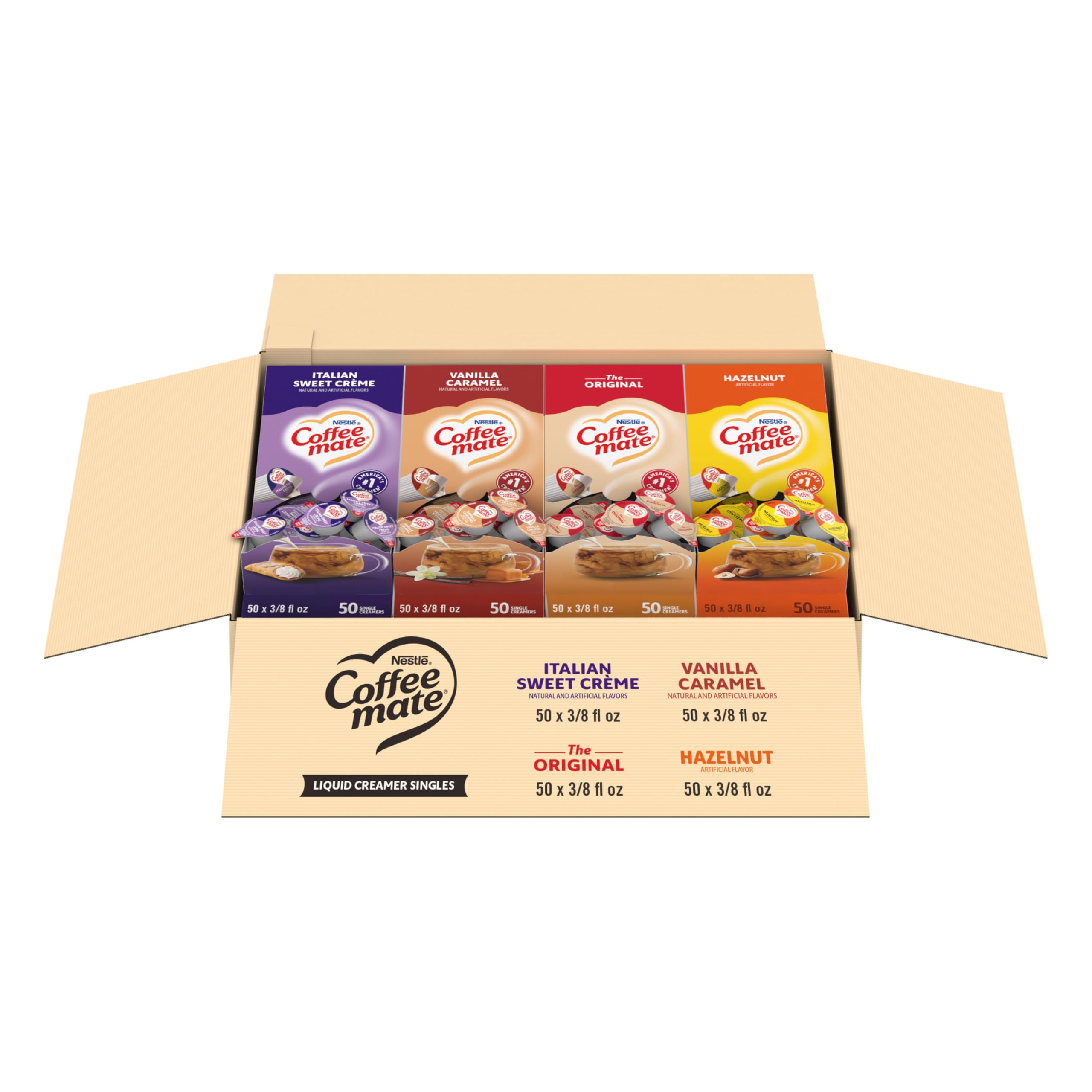 Nestle Coffee mate Creamer Singles Variety Pack, Italian Sweet Creme, Salted Caramel Chocolate, Vanilla Caramel Non Dairy, No Refrigeration, 0.375 fl oz Tubs, 150 Count (Pack of 50 Per Flavor)