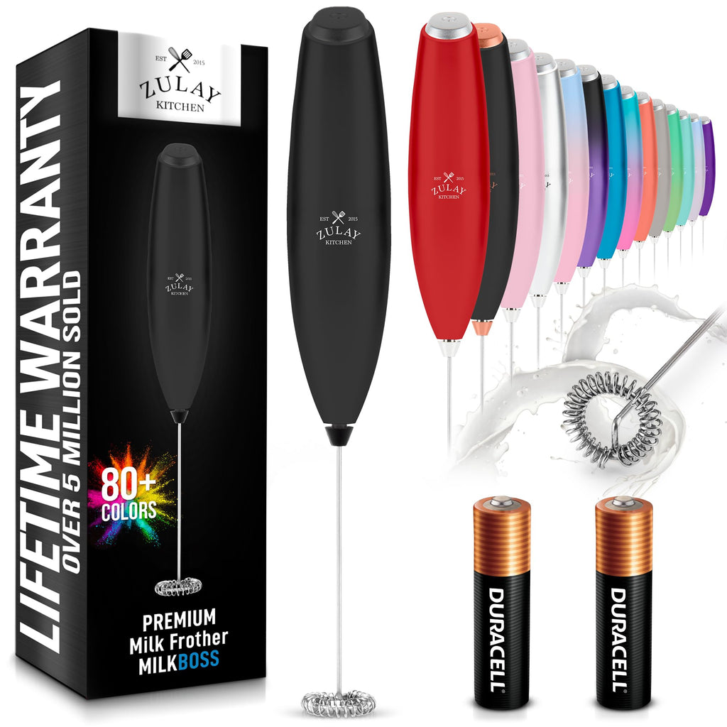 Zulay Kitchen Powerful Milk Frother AA Batteries Included – Ultra Fast Handheld Drink Mixer with Stainless Steel Whisk Stirrer for Coffee, Protein, Matcha & More, Frother Wand Electric Frothmate Black