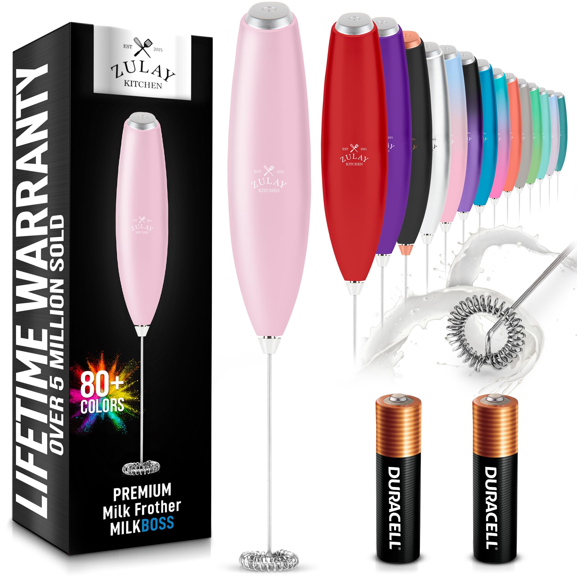 Zulay Kitchen Powerful Milk Frother AA Batteries Included – Ultra Fast Handheld Drink Mixer with Stainless Steel Whisk Stirrer for Coffee, Protein, Matcha & More, Frother Wand Electric Frothmate Black