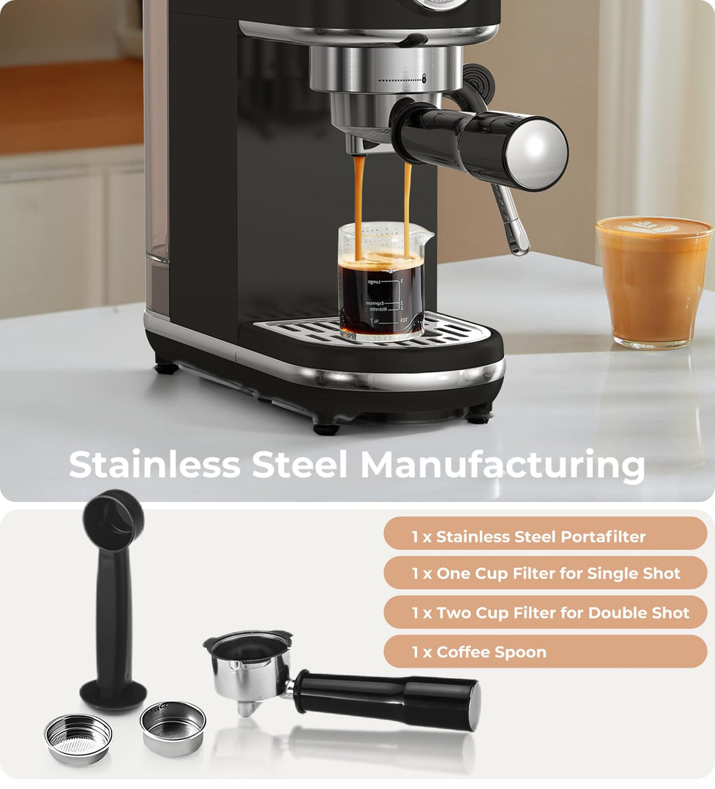 atatix Espresso Machine with Milk Frother, 20 Bar Pressure Espresso Maker, with 44OZ Removable Tank, Compact Stainless Steel Coffee Machine for Home, Office, Latte, Cappuccino, Macchiato, Silver
