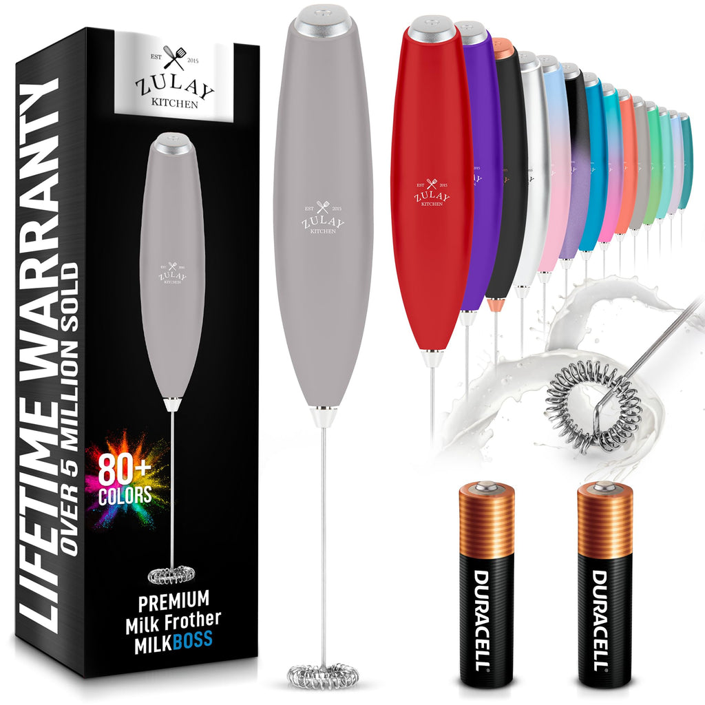 Zulay Kitchen Powerful Milk Frother AA Batteries Included – Ultra Fast Handheld Drink Mixer with Stainless Steel Whisk Stirrer for Coffee, Protein, Matcha & More, Frother Wand Electric Frothmate Black