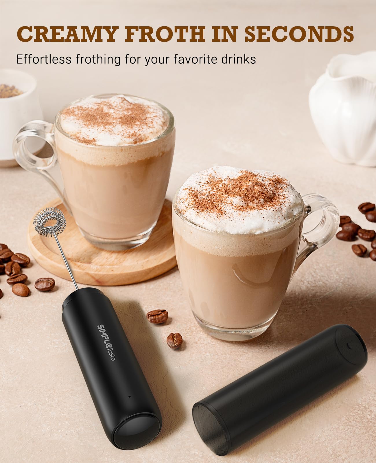 SIMPLETASTE Milk Frother Handheld Electric Foam Maker, Drink Mixer with Stainless Steel Whisk for Cappuccino, Bulletproof Coffee, Latte, Gray, with Stand, Battery Operated