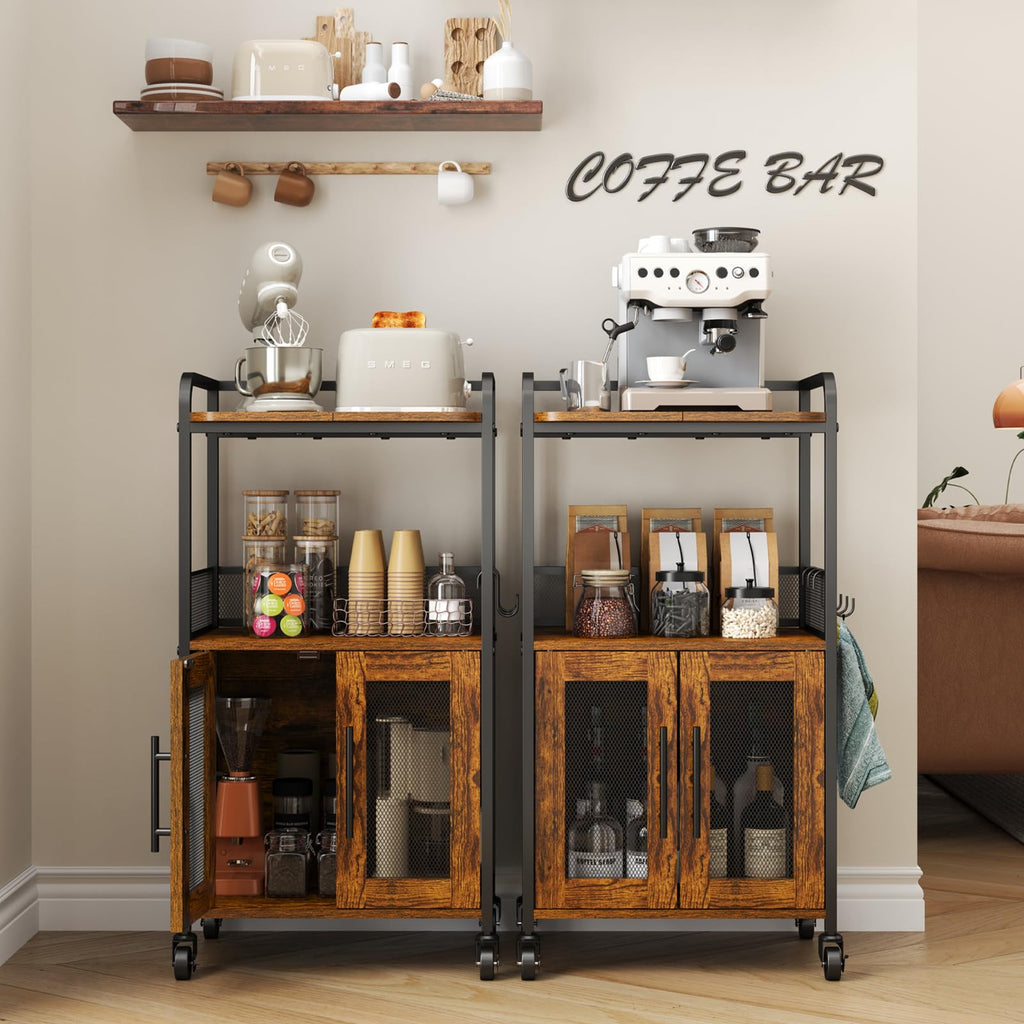 Hencawima Coffee Bar Cabinet, 3 Tier Coffee Station Table on Wheels, 35.9" H Bar Cart with Wire Basket Drawer & 5 Hooks for Home Kitchen, Liquor Buffet Sideboard Cabinet (Rustic Brown)