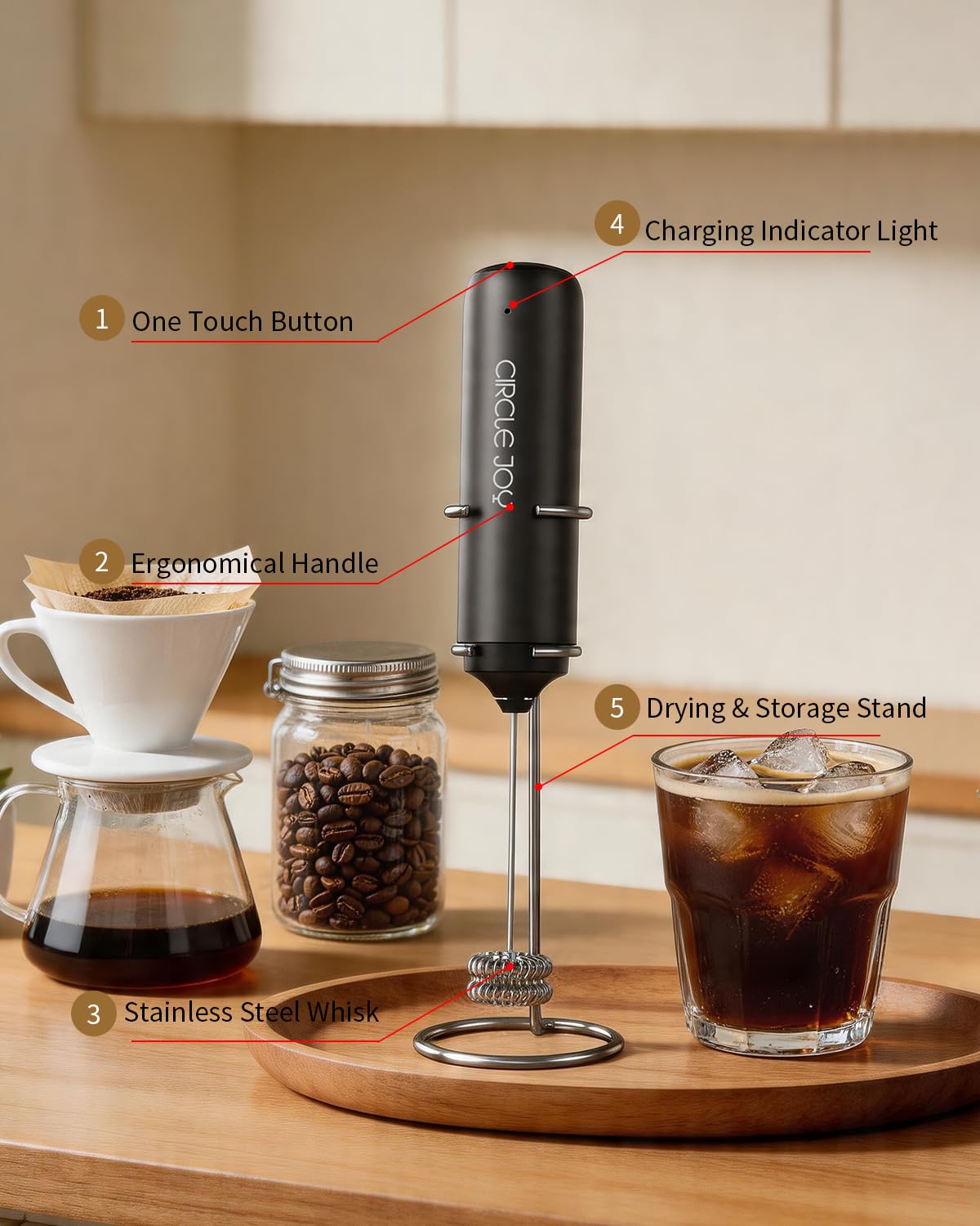 CIRCLE JOY Rechargeable Milk Frother Hanheld, Dual Coil Whisk Head Electric Coffee Frother, Portable Hand Frother Wand Drink Mixer for Matcha Lattes Cappuccino, Kitchen Gifts, Black