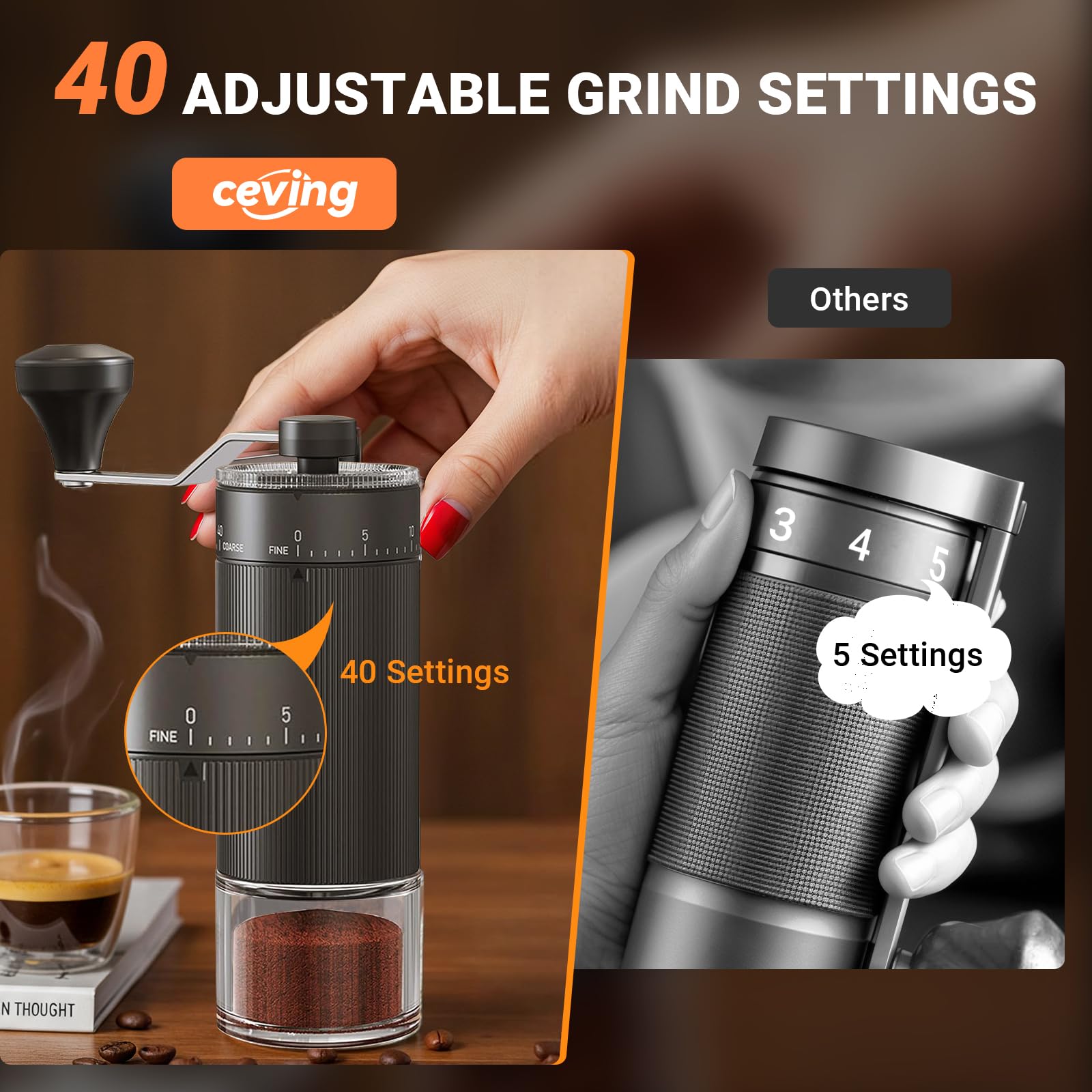 World's First 60g Large Capacity Manual Coffee Grinder, Portable Hand Coffee Bean Mill with 40 Adjustable Settings, Stainless Steel Burr Grinder for Pour Over, Camping, Travel, Gift (Forest Green)