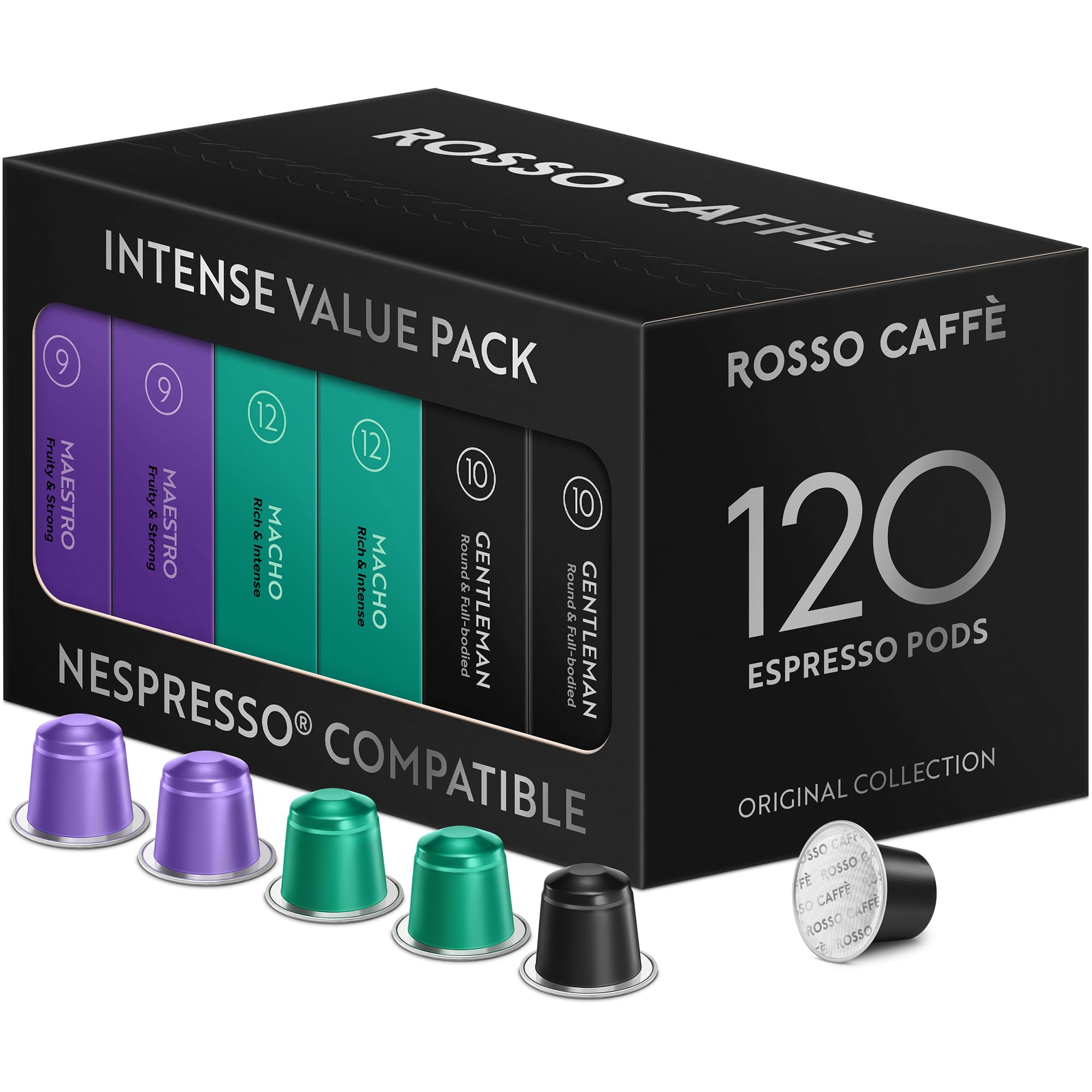 ROSSO CAFFÈ 120 Espresso Coffee Pods for Nespresso Original Machines, Premium Capsules, Variety Value Pack 6 Flavors, Rich Breakfast to Intense Roasts