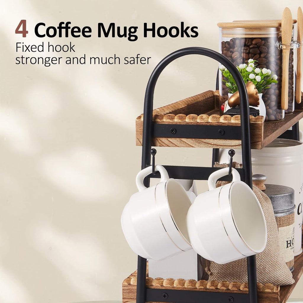 BDBDYEAY Coffee Bar Accessories, 2-Tier Coffee Bar Organizer with 4 Coffee Cup Holder Hooks, Mul-tifunctional Wooden Beaded Coffee Station Countertop Stand Shelf for Kitchen Home Office