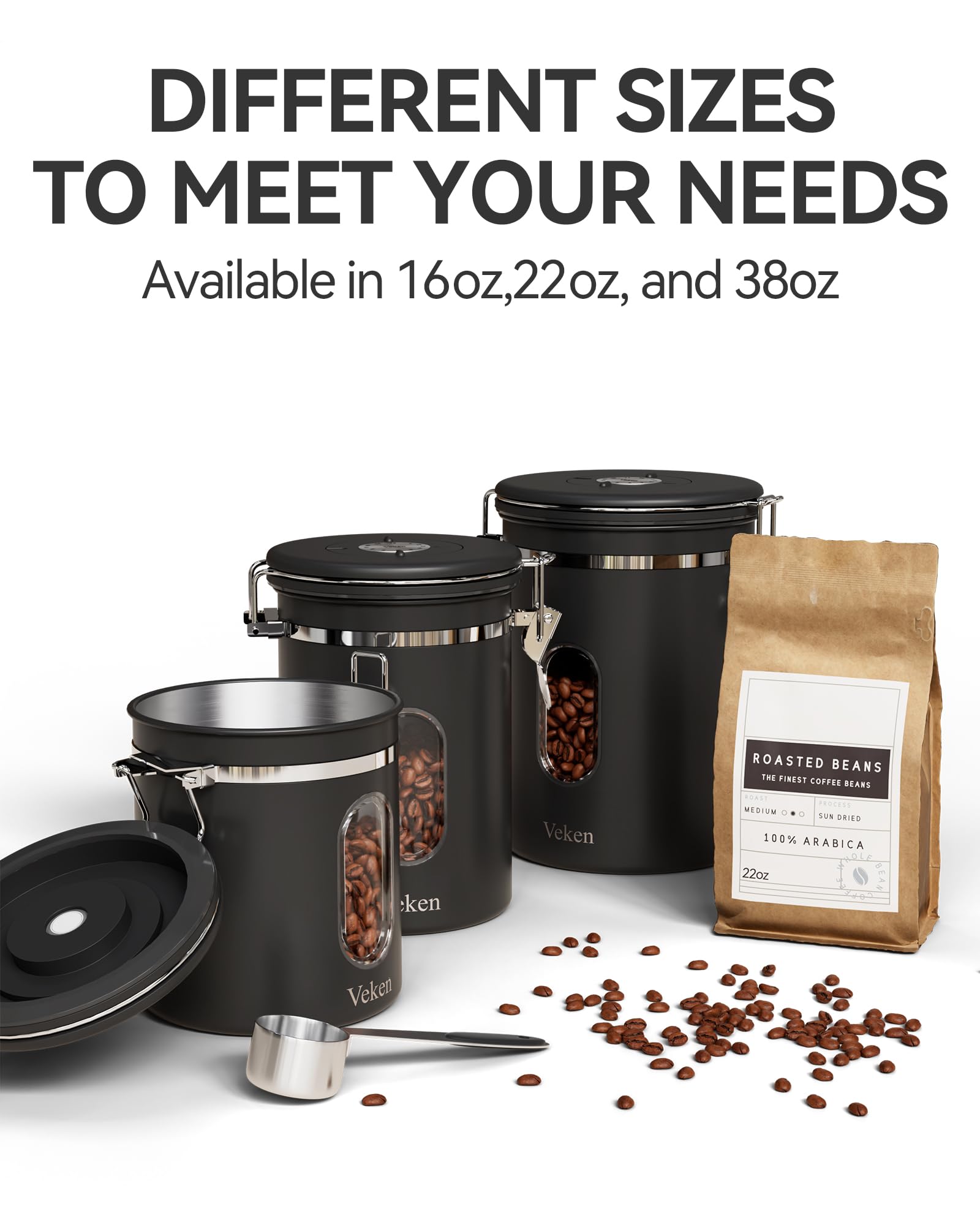 Veken Coffee Canister with Window,Airtight Stainless Steel Pantry Container,Home Kitchen Food Storage Organizers for Ground,Beans,Espresso,Rice,Tea,Sugar,Cereal, Decor,Bar Accessories,Gifts,22OZ,Black