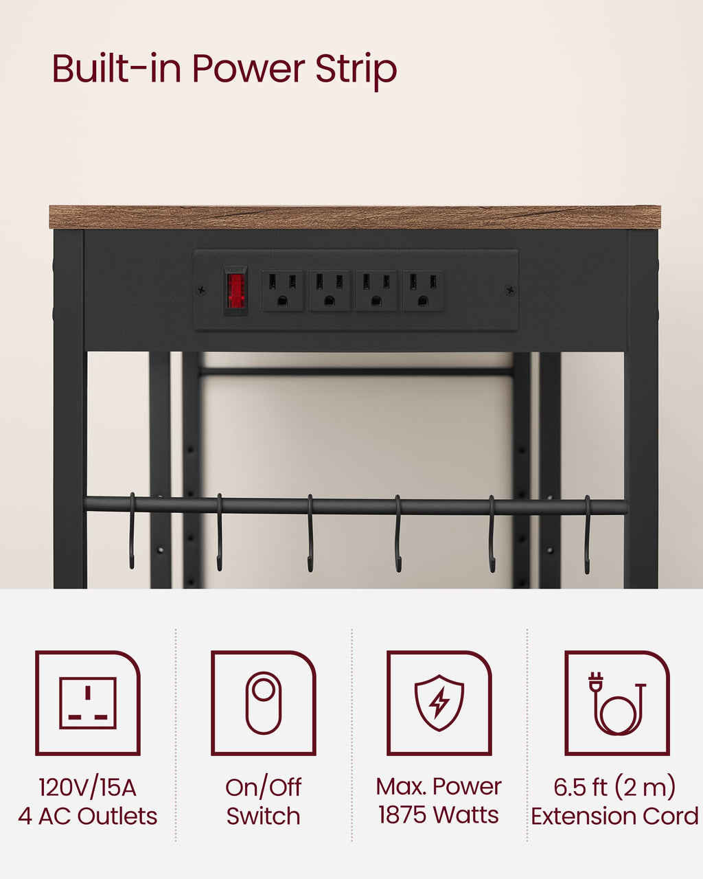 VASAGLE Baker's Rack, Coffee Bar Stand with Charging Station, 35.6 Inches Tall, Storage Shelves, Pull-Out Wire Basket, Table for Microwave, Kitchen, Rustic Brown and Ink Black UKKS036K01