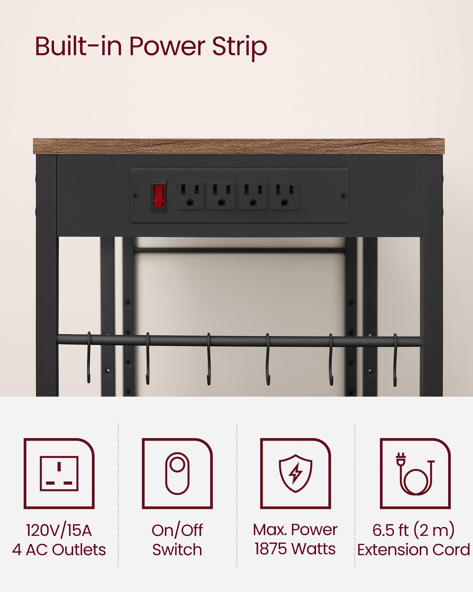 VASAGLE Baker's Rack, Coffee Bar Stand with Charging Station, 35.6 Inches Tall, Storage Shelves, Pull-Out Wire Basket, Table for Microwave, Kitchen, Rustic Brown and Ink Black UKKS036K01