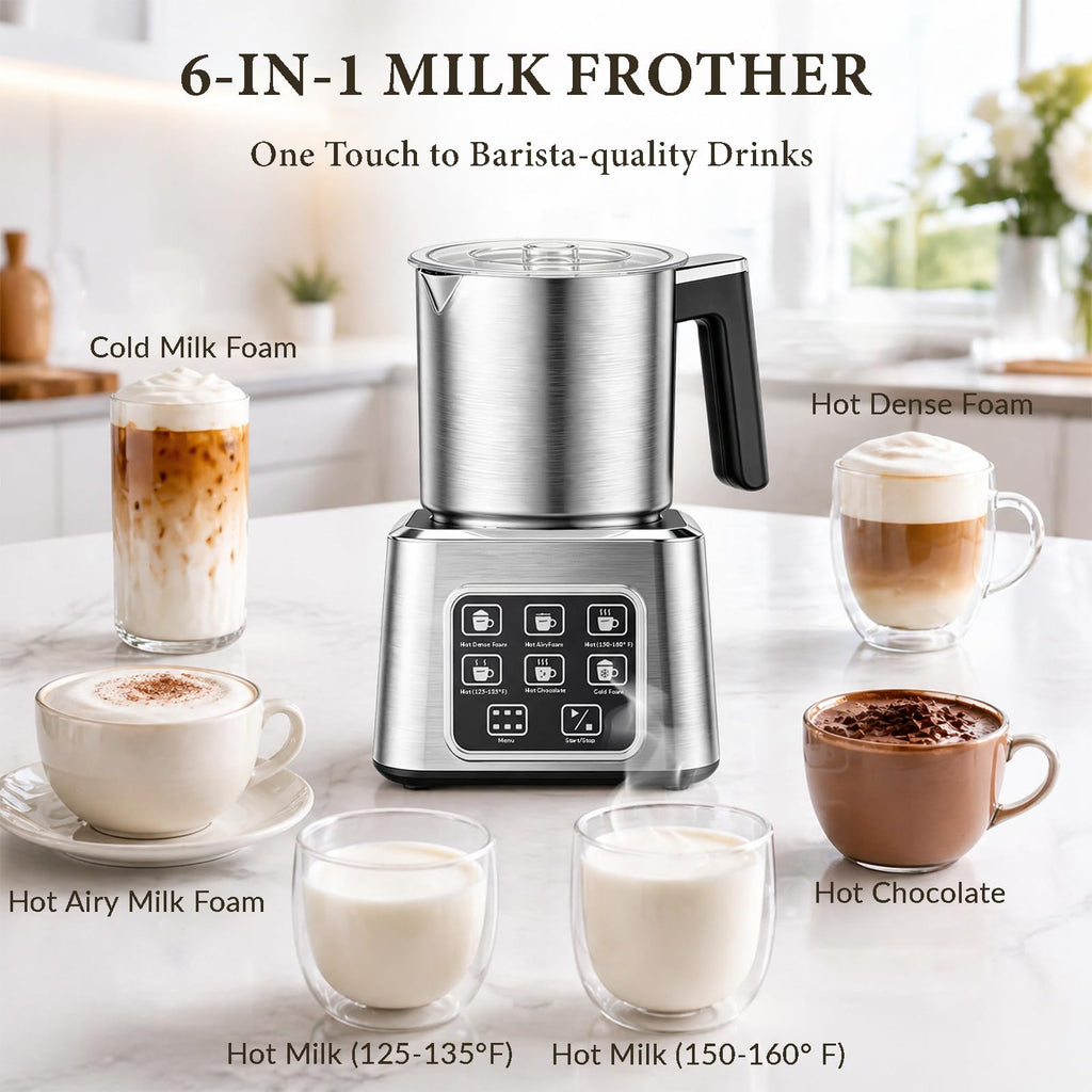 Electric Milk Frother and Steamer, 6-in-1 Automatic Milk Frother Machine with 500ml Milk Warmer, Hot & Cold Froth for Coffee, Latte & Hot Chocolate, Stainless Steel