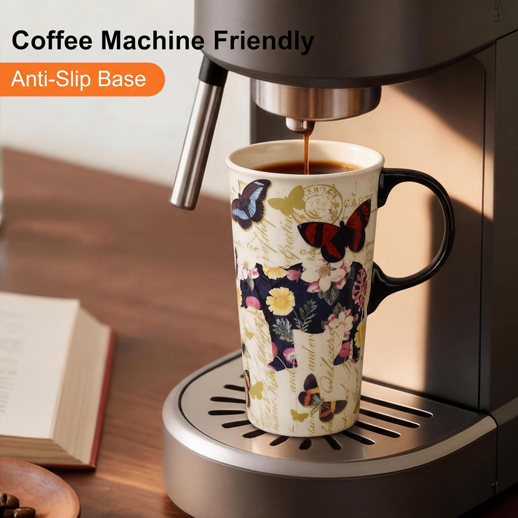 Topadorn 17oz Ceramic Travel Mug with Lid, Tall Ceramic Coffee Mug with Handle, Purple Floral Coffee Cup with Gift Box