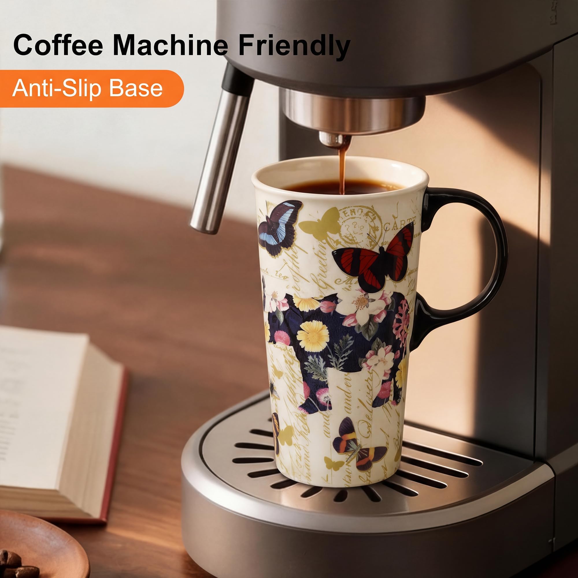 Topadorn 17oz Ceramic Travel Mug with Lid, Tall Ceramic Coffee Mug with Handle, Purple Floral Coffee Cup with Gift Box