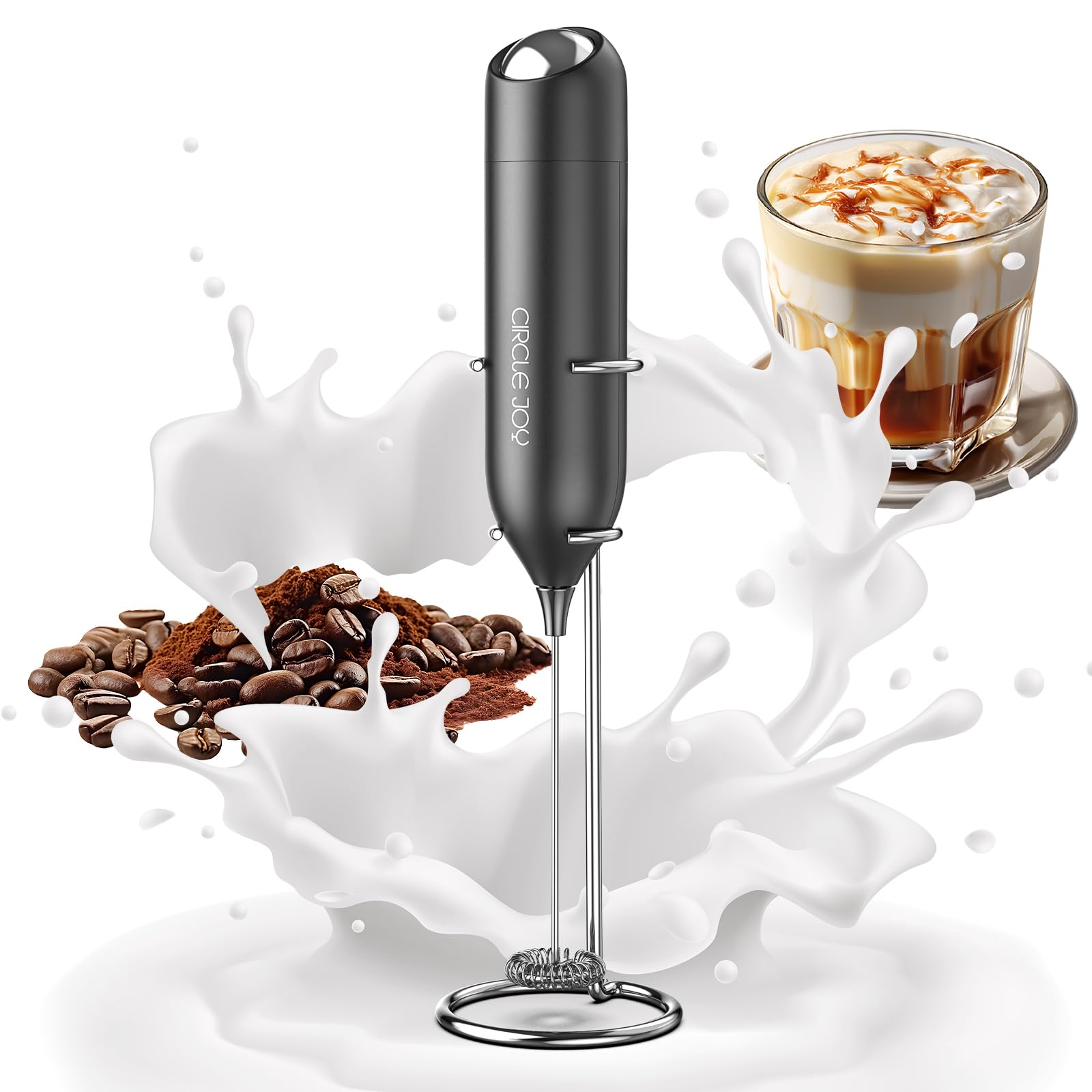 CIRCLE JOY Rechargeable Milk Frother Hanheld, Dual Coil Whisk Head Electric Coffee Frother, Portable Hand Frother Wand Drink Mixer for Matcha Lattes Cappuccino, Kitchen Gifts, Black