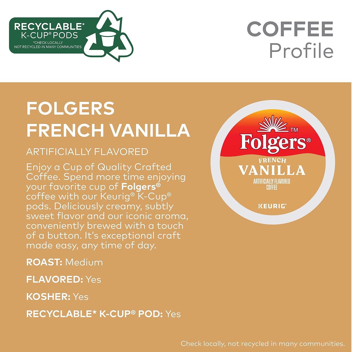 Folgers French Vanilla Artificially Flavored Coffee, Keurig K-Cup pods, 10 Count Box (Pack of 6)