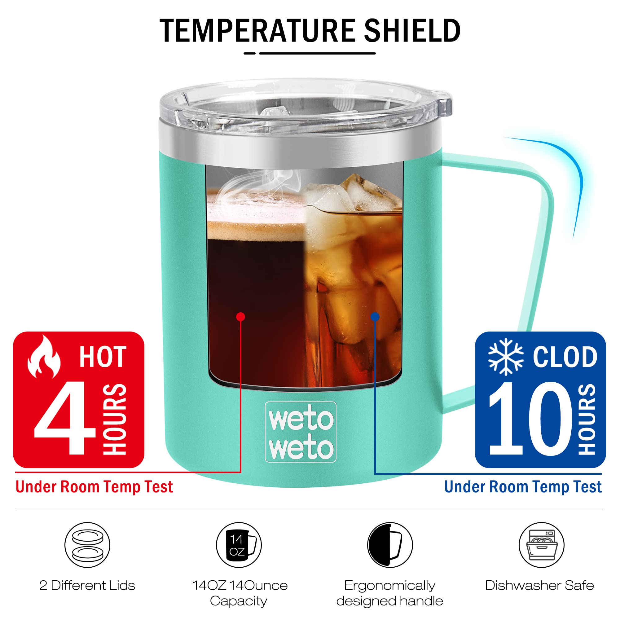 WETOWETO Coffee Mug with Handle, 14oz Insulated Stainless Steel Coffee Travel Mug, Double Wall Vacuum Reusable Coffee Cup with Lid, Powder Coated Rose Gold