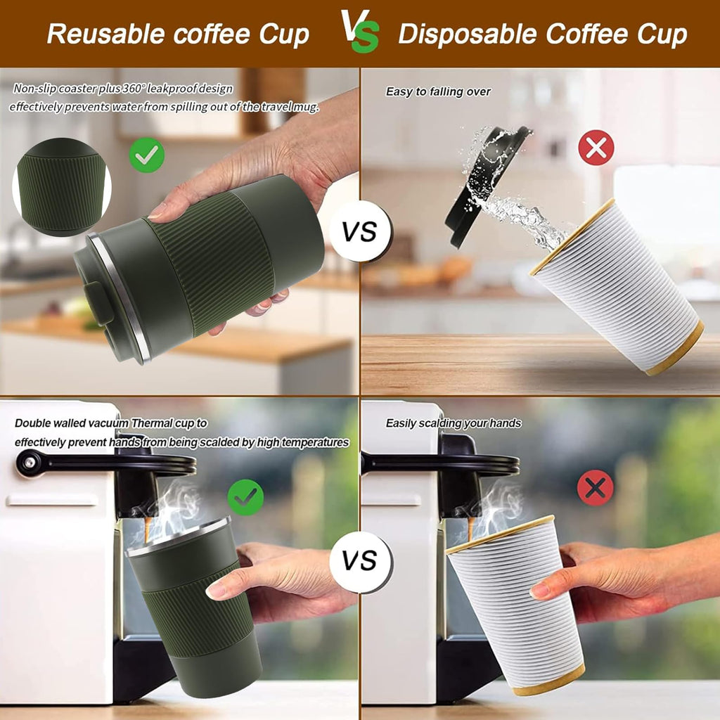 YINBAOGE Insulated Travel Coffee Mug, Spill & Leak Proof, Portable To Go Camping Stainless Steel Coffee Tumbler, Reusable Thermal Coffee Cup with Lid for Hot & Cold Drinks (Black, 12 OZ)