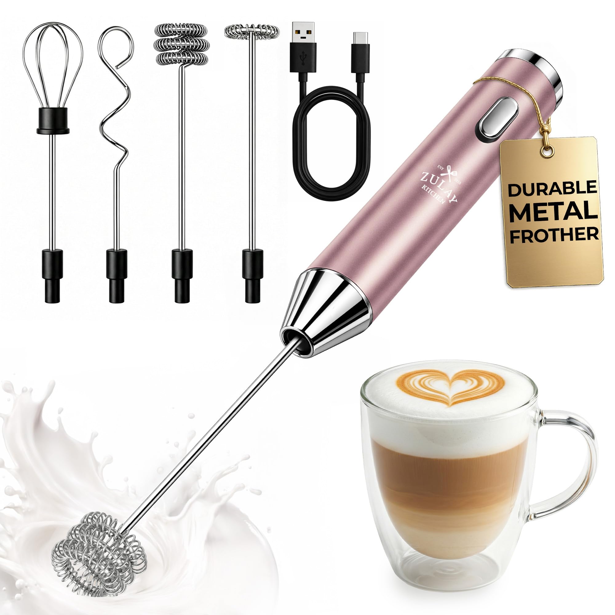 Zulay Kitchen Rechargeable Milk Frother Handheld - Frother Wand, Drink Mixer, Electric Whisk Frother, for Cappuccinos, Matcha & Protein Powder - Lux 4 Whisk 2 Speed Waterproof 2000mAh Alpha Black
