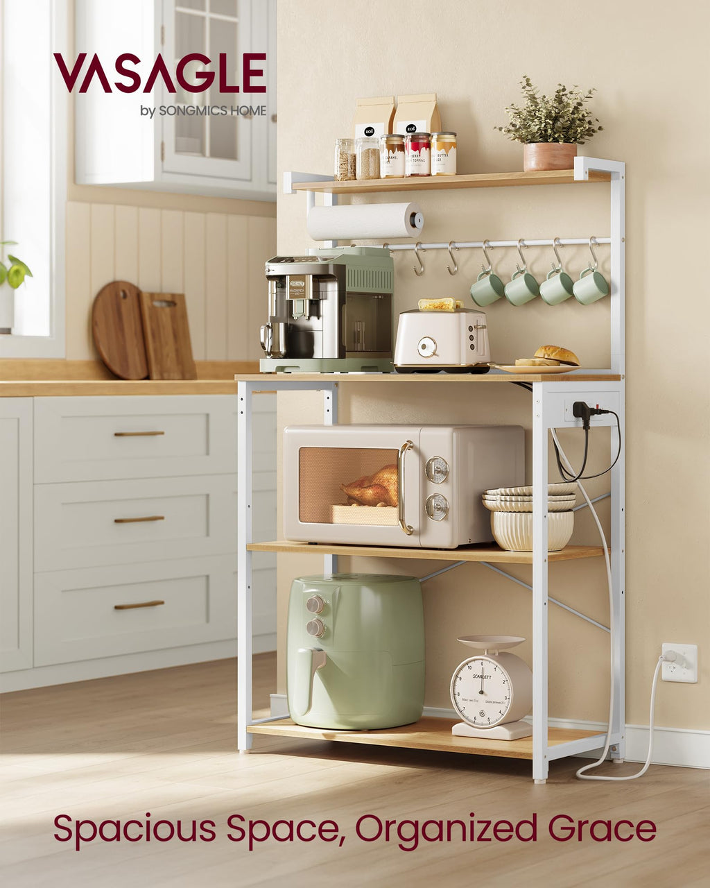 VASAGLE BARNET Collection - Kitchen Bakers Rack with Power Outlet, 31.5-Inch Wide Coffee Bar 4-Tier with 8 S Hooks, Modern Microwave Stand, Adjustable Shelf, Rustic Brown and Ink Black UKKS029KD01