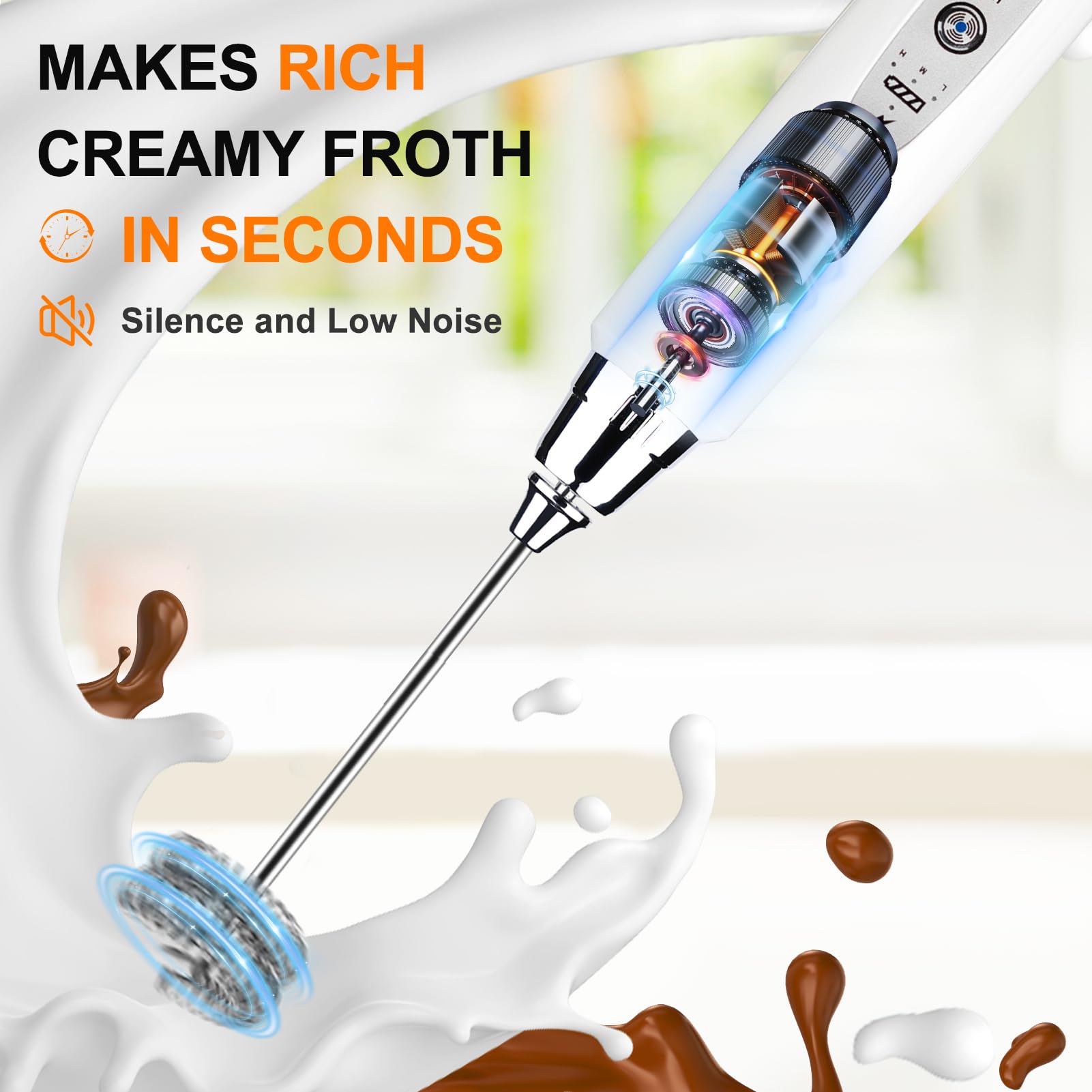 YUSWKO Black Handheld Milk Frother Wand for Coffee, Rechargeable Electric Whisk with 3 Heads 3 Speeds Drink Mixer Coffee Frother For Latte, Cappuccino, Hot Chocolate, Egg