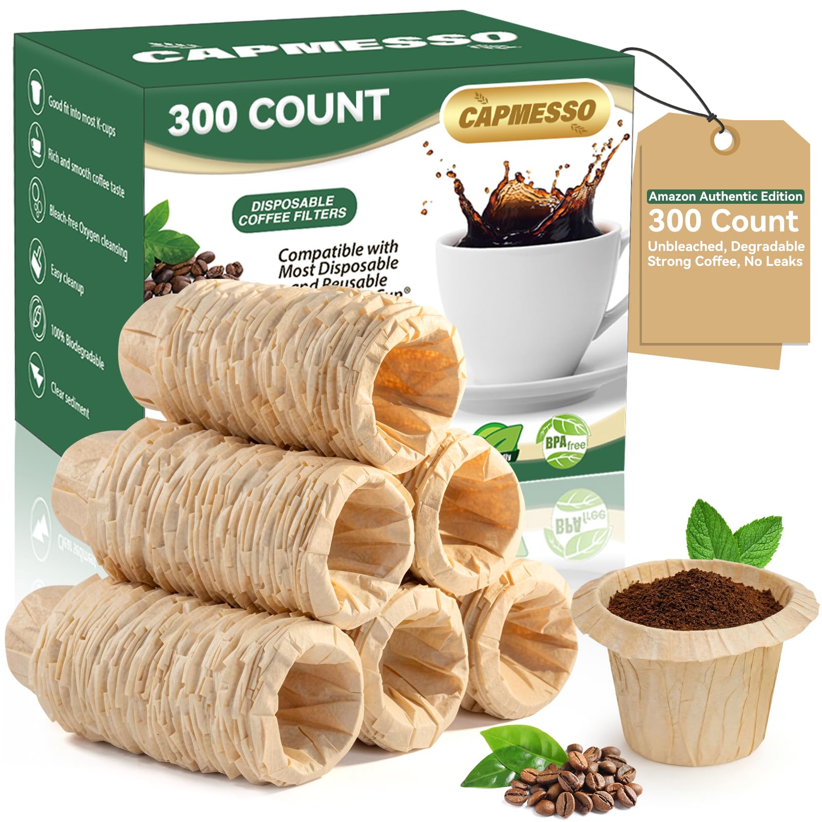 CAPMESSO Disposable Coffee Paper Filters Replacement Keurg Filter Compatible with Reusable Single Serve Pods Keurg Coffee Maker-300 Count (Natural)