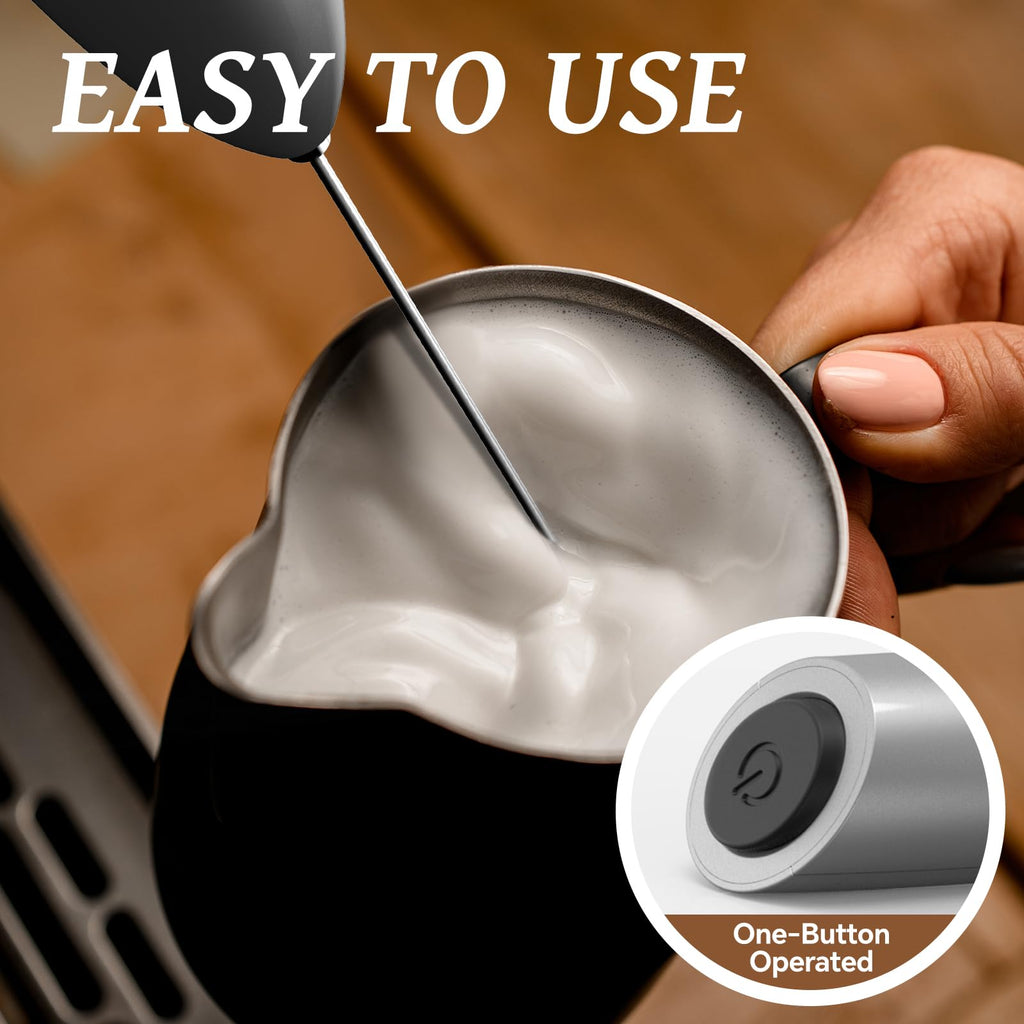 SIMPLETASTE Milk Frother Handheld Electric Foam Maker, Drink Mixer with Stainless Steel Whisk for Cappuccino, Bulletproof Coffee, Latte, Gray, with Stand, Battery Operated