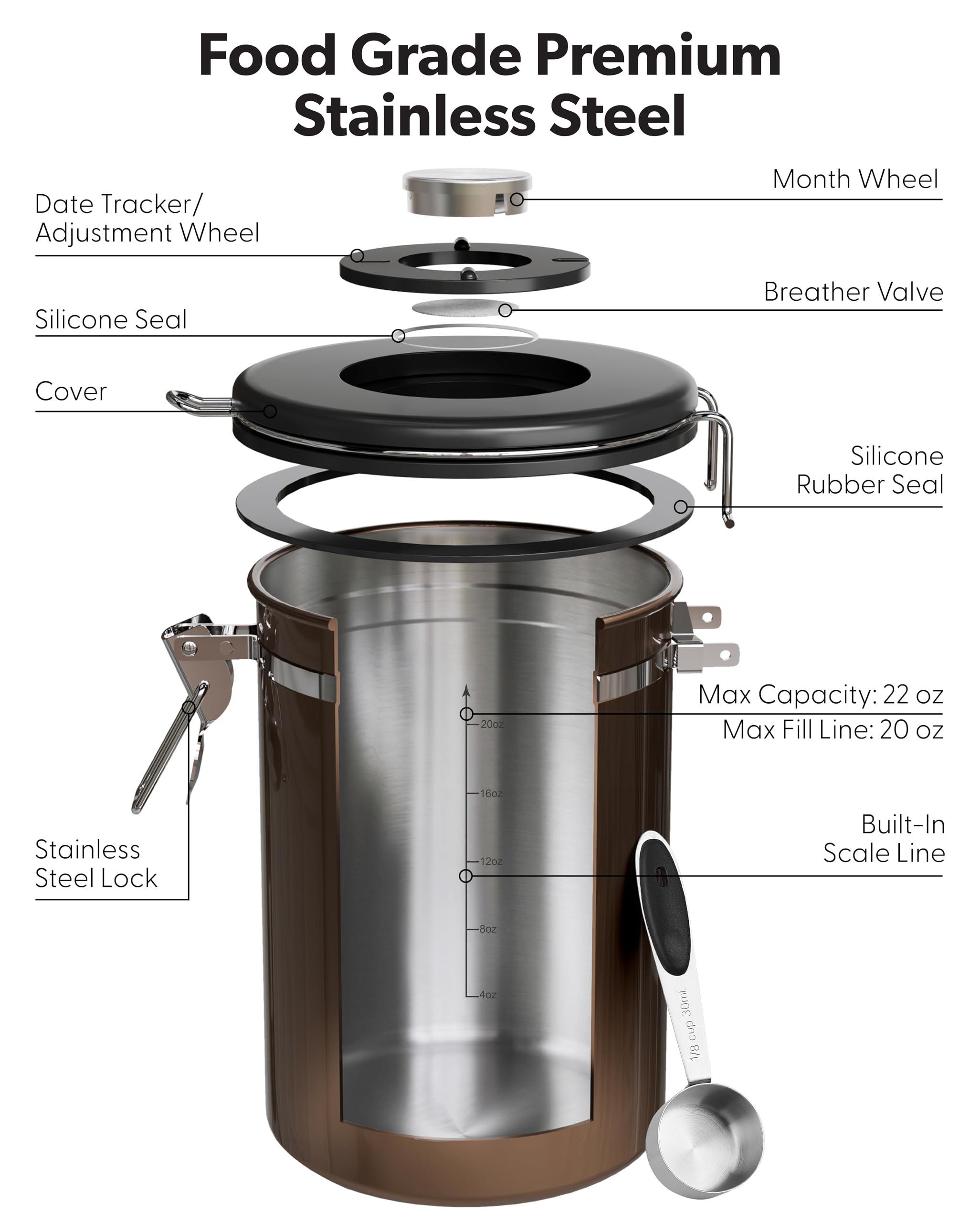 Veken Coffee Canister with Window,Airtight Stainless Steel Pantry Container,Home Kitchen Food Storage Organizers for Ground,Beans,Espresso,Rice,Tea,Sugar,Cereal, Decor,Bar Accessories,Gifts,22OZ,Black