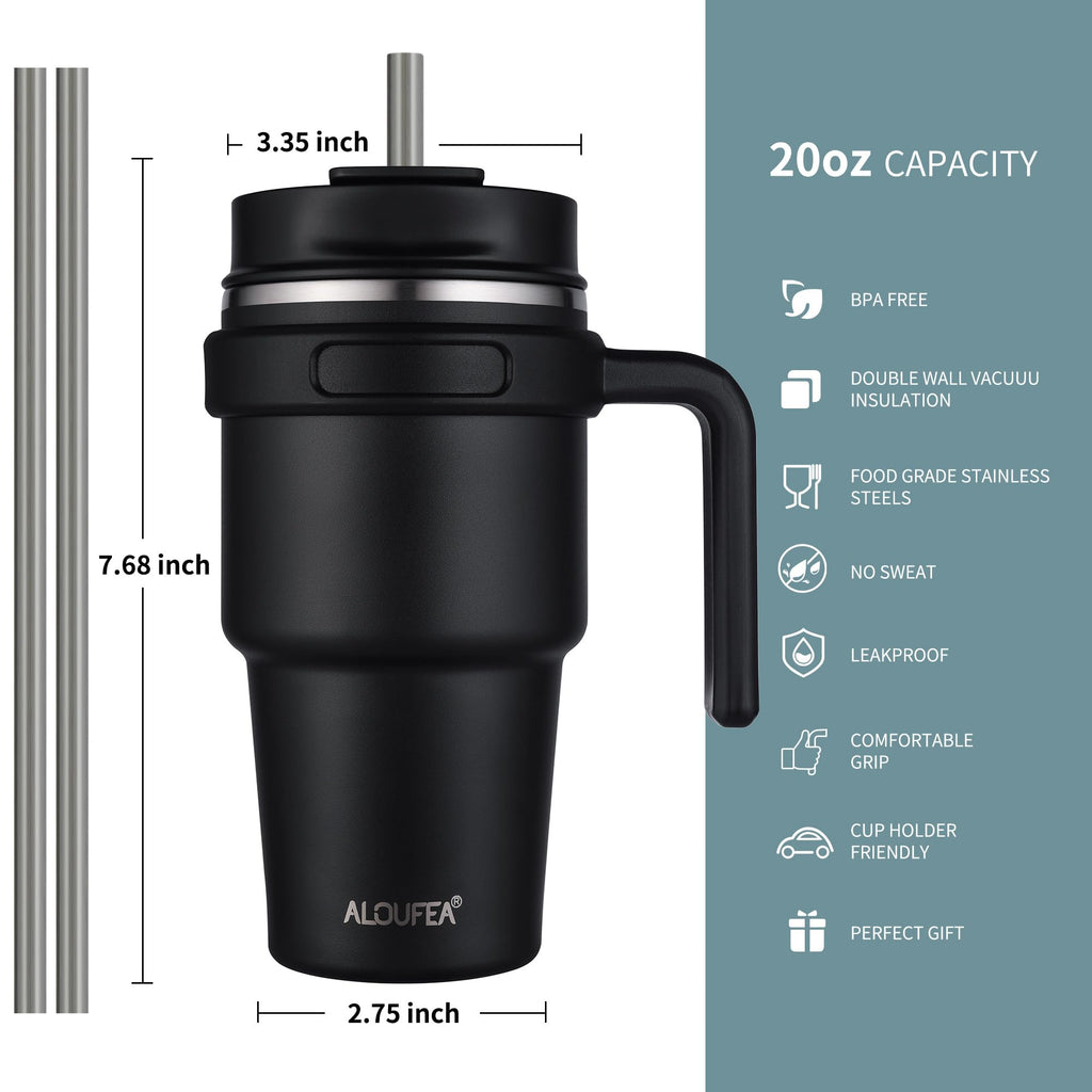 20 oz Insulated Coffee Mug Tumbler with Handle, Stainless Steel Travel Mug Tumbler with Lid and Straw,Double Wall Vacuum Leak Proof Ice Coffee Thermal Cup, Black