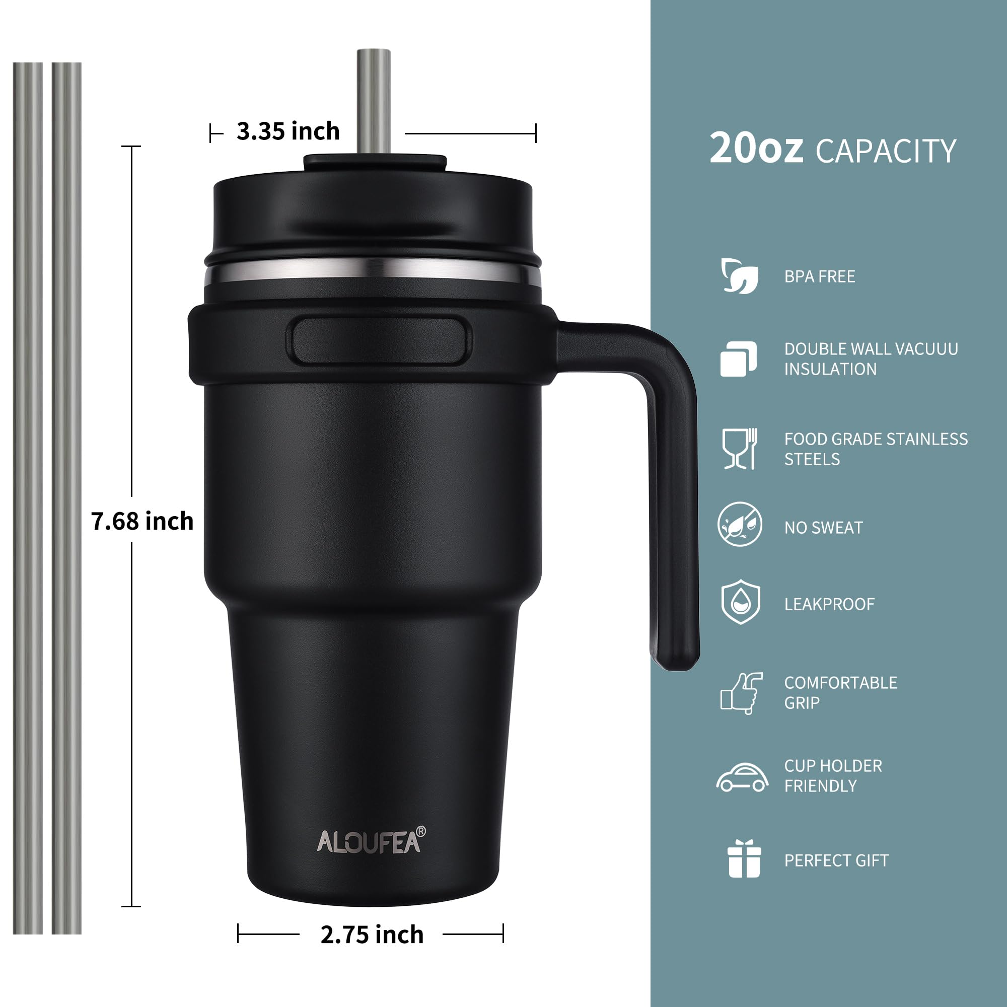 20 oz Insulated Coffee Mug Tumbler with Handle, Stainless Steel Travel Mug Tumbler with Lid and Straw,Double Wall Vacuum Leak Proof Ice Coffee Thermal Cup, Black