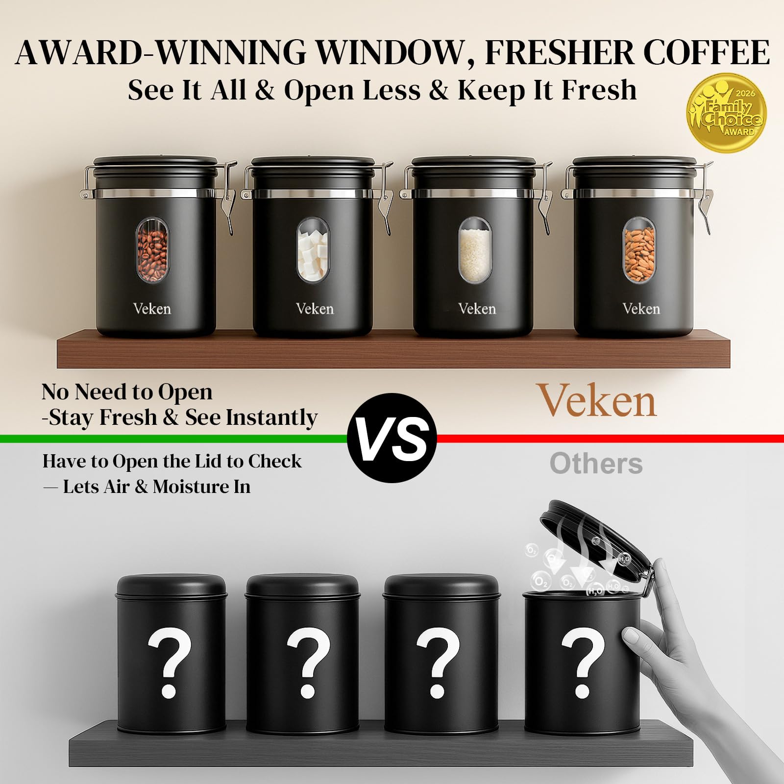 Veken Coffee Canister with Window,Airtight Stainless Steel Pantry Container,Home Kitchen Food Storage Organizers for Ground,Beans,Espresso,Rice,Tea,Sugar,Cereal, Decor,Bar Accessories,Gifts,22OZ,Black