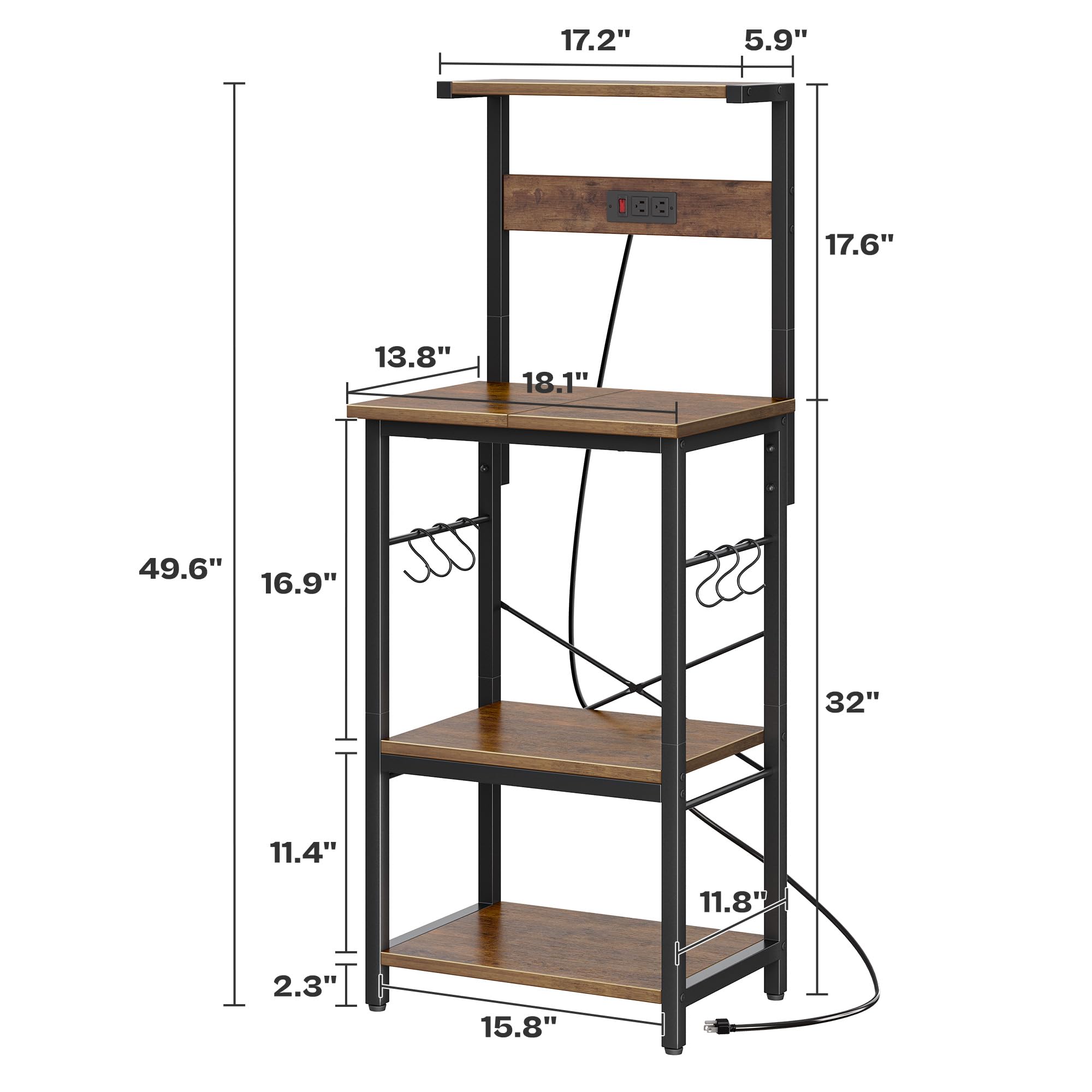 SUPERJARE Kitchen Bakers Rack with Power Outlet, Coffee Bar Table 4 Tiers, Kitchen Microwave Stand with 6 S-shaped Hooks, Storage Shelf Rack for Spices, Pots and Pans - Rustic Brown