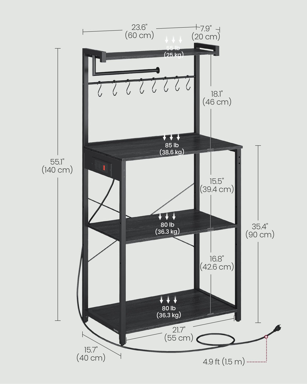 VASAGLE BARNET Collection - Kitchen Bakers Rack with Power Outlet, 31.5-Inch Wide Coffee Bar 4-Tier with 8 S Hooks, Modern Microwave Stand, Adjustable Shelf, Rustic Brown and Ink Black UKKS029KD01
